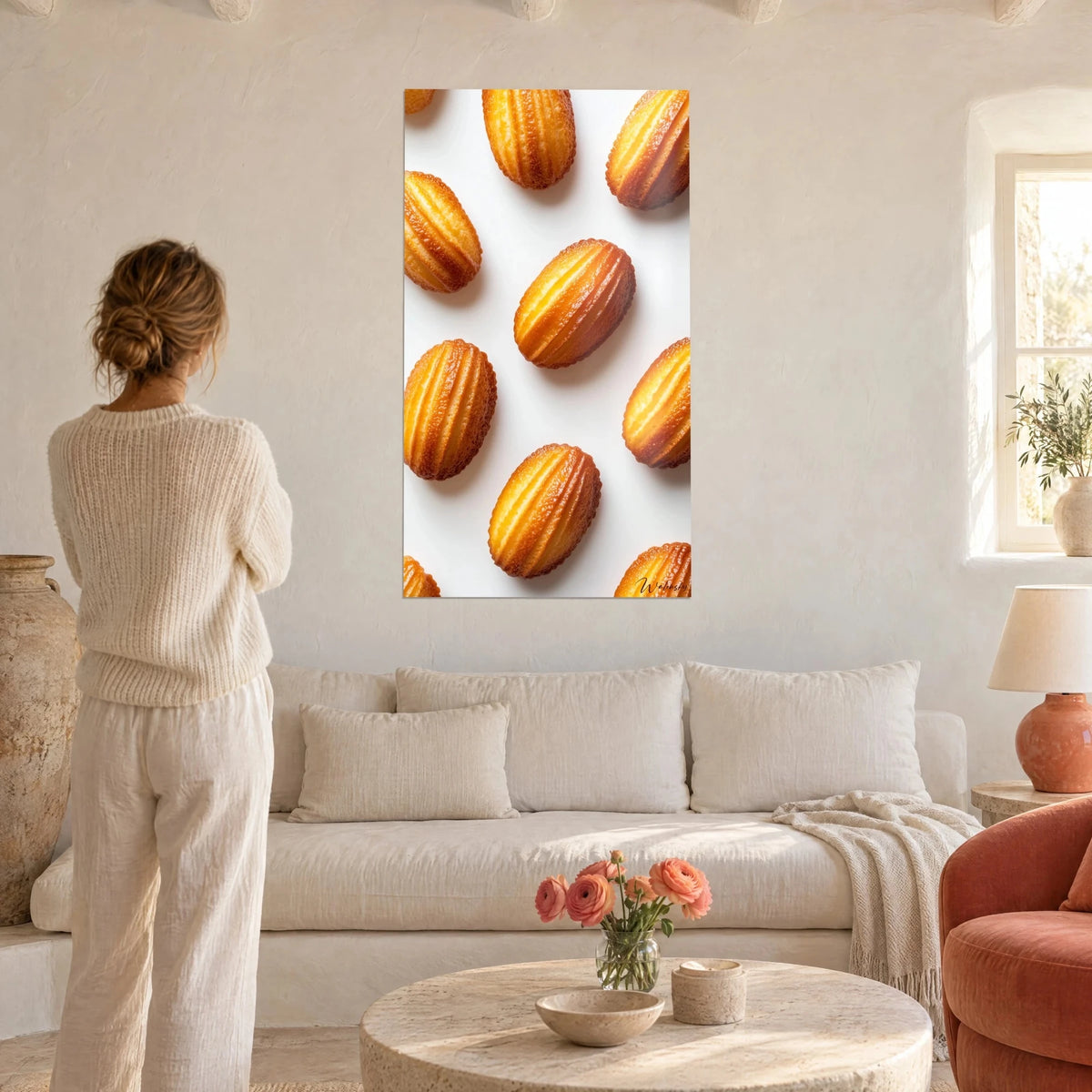 Wall art golden madeleines with amber ridges on white background, woman seen from behind, above a sofa in a bright living room