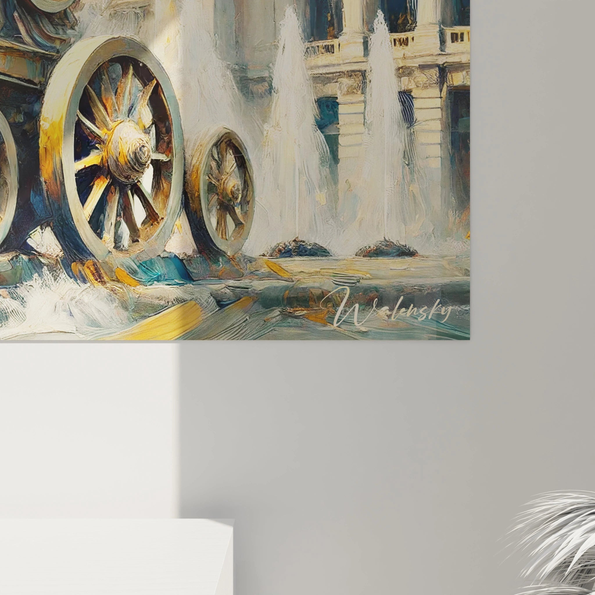 vue rapprochee du tableau Madrid details impressionnistes textures riches lions dorees et facades neoclassiques dans une palette de bleu or et blanc evoquant elegance et grandeur espagnole