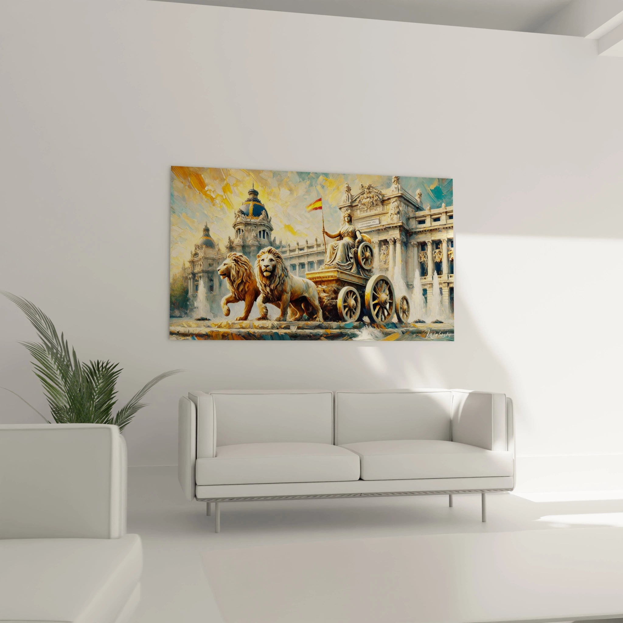 tableau Madrid orne un salon chaleureux au dessus d un canape couleurs or blanc bleu mettant en valeur la fontaine de Cybele et l heritage architectural harmonisant modernite et tradition