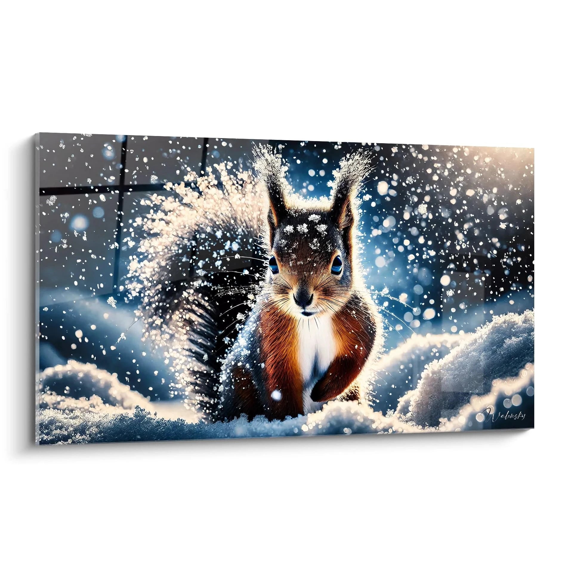 tableau ecureuil vu de biais capture toute la magie hivernale avec ses details precis et son fond bleu profond mettez en valeur la beaute de la nature avec ce magnifique tableau ecureuil