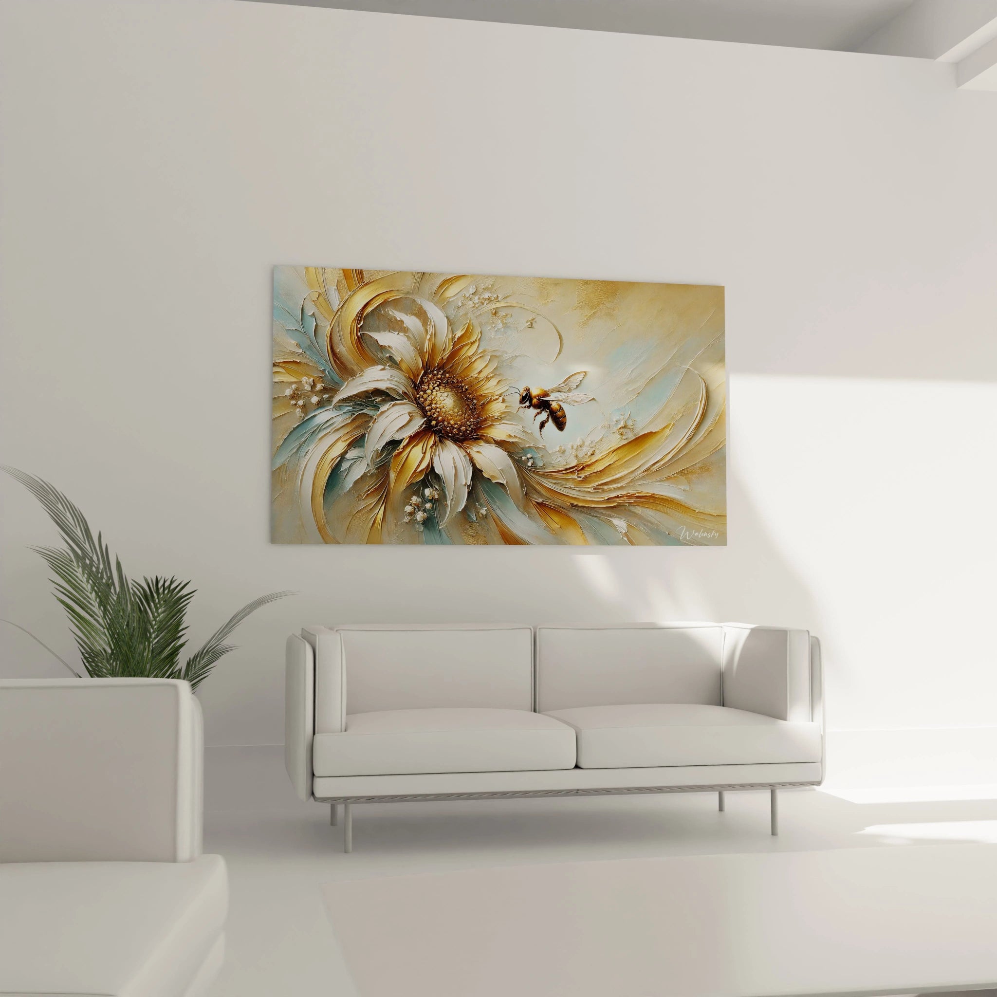 Accroché dans votre salon, ce tableau abeille sublime l'espace avec ses couleurs douces et ses détails délicats. Une pièce maîtresse idéale pour une déco harmonieuse.
