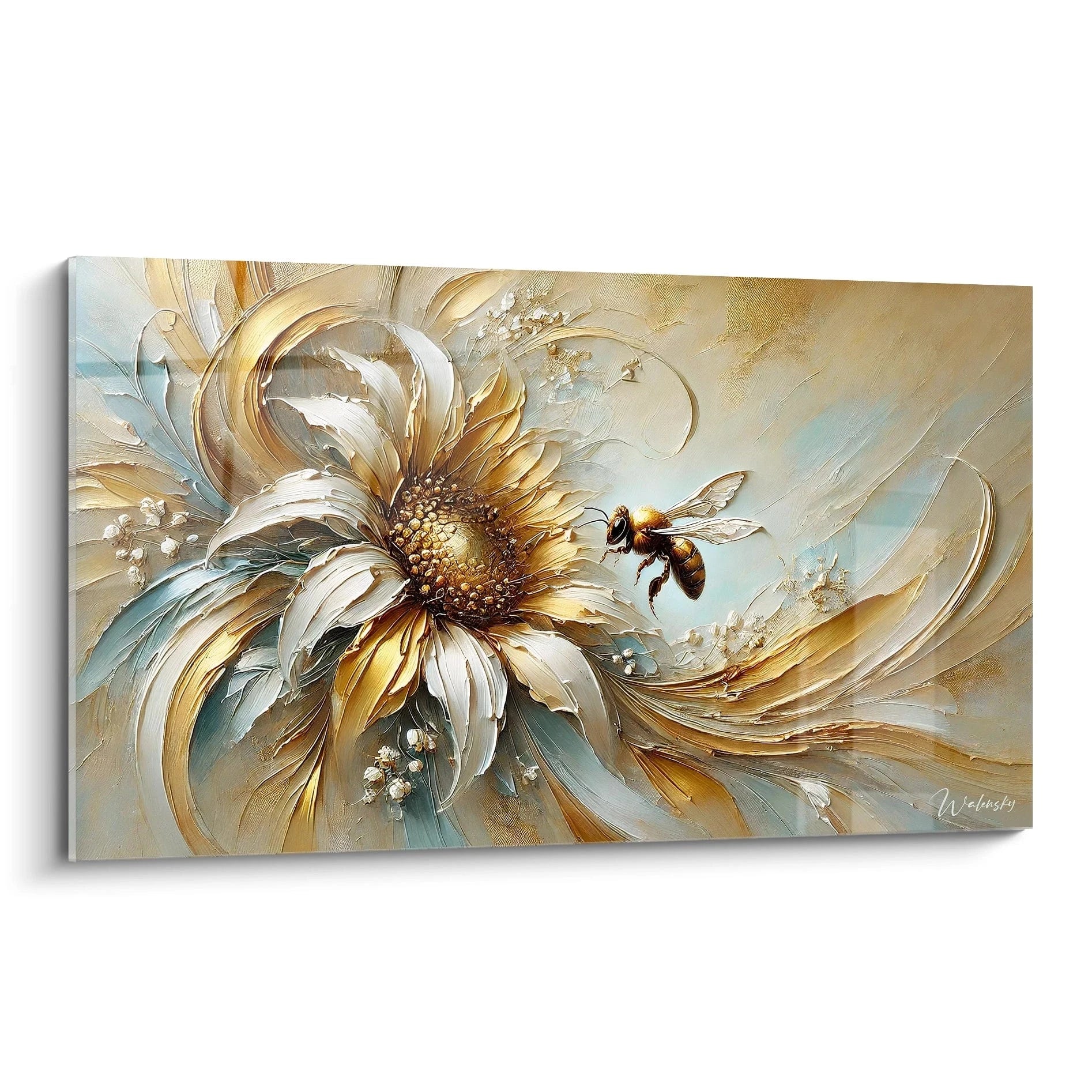 tableau abeille vue de biais, capture l harmonie entre l abeille et la fleur. Les dorures subtiles illuminent chaque détail et offrent une touche artistique à votre intérieur