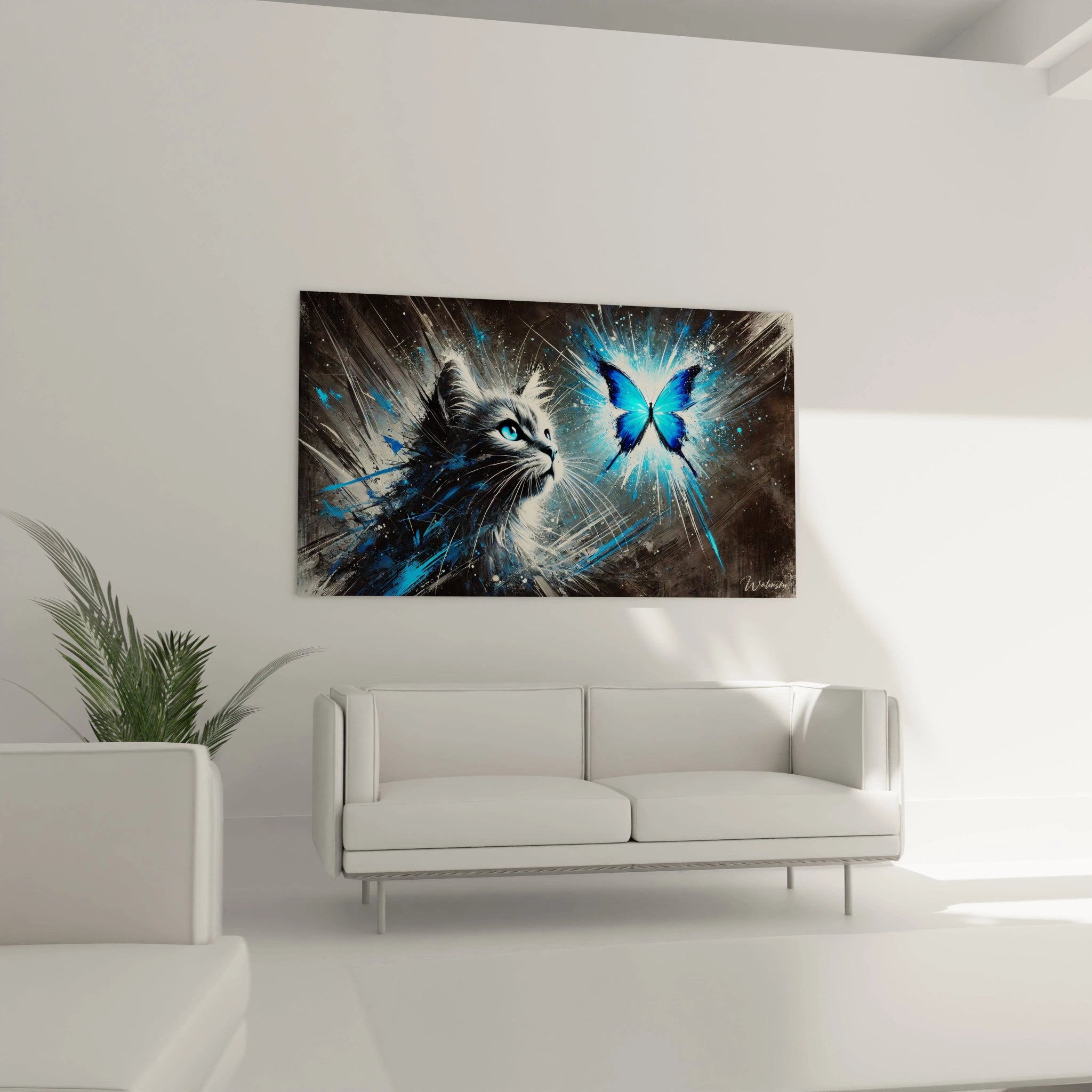 Ce tableau chat apporte un contraste dynamique au salon. Accroché au-dessus du canapé, la rencontre entre le chat et le papillon offre une ambiance énergique et visuellement captivante.