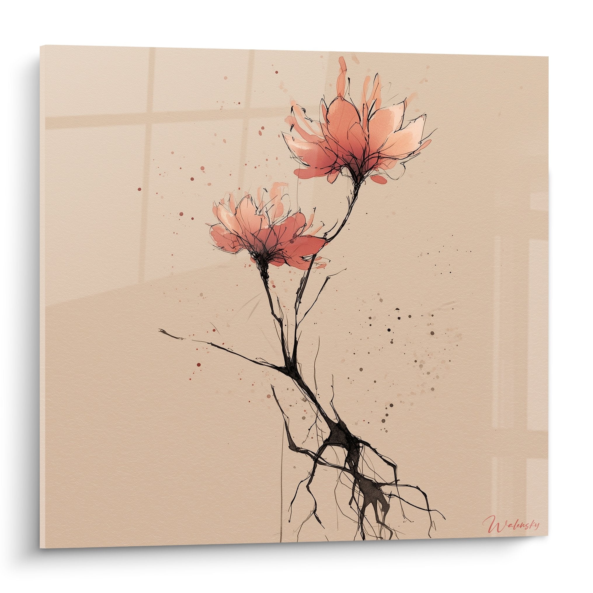tableau magnolia corail sur fond beige avec racines noires, style ikebana minimaliste et zen pour decoration murale