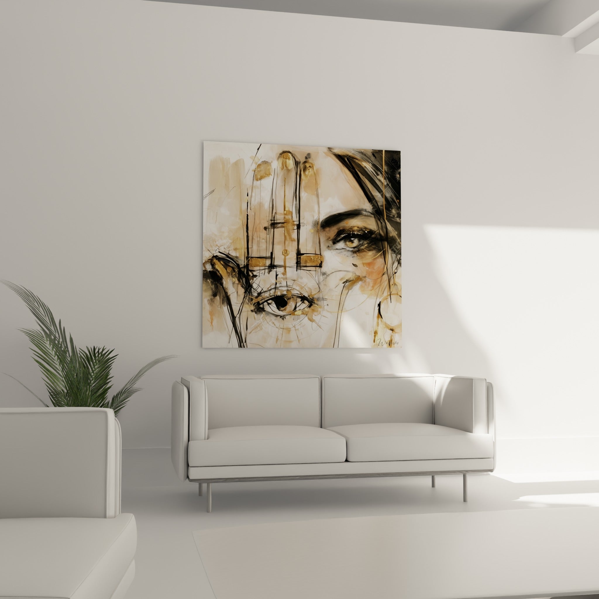 Portrait beige et doré traversé d'une main protectrice noire, au-dessus d'un canapé dans un salon lumineux