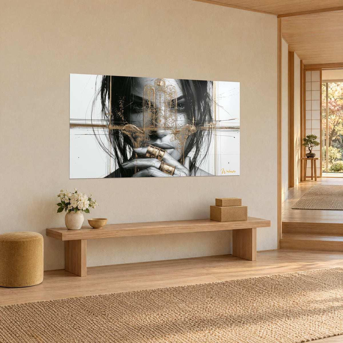 Cuadro mano de Fatma dorada sobre la frente de una mujer, trazos en blanco y negro, pared beige, banco de madera, vista de tres cuartos