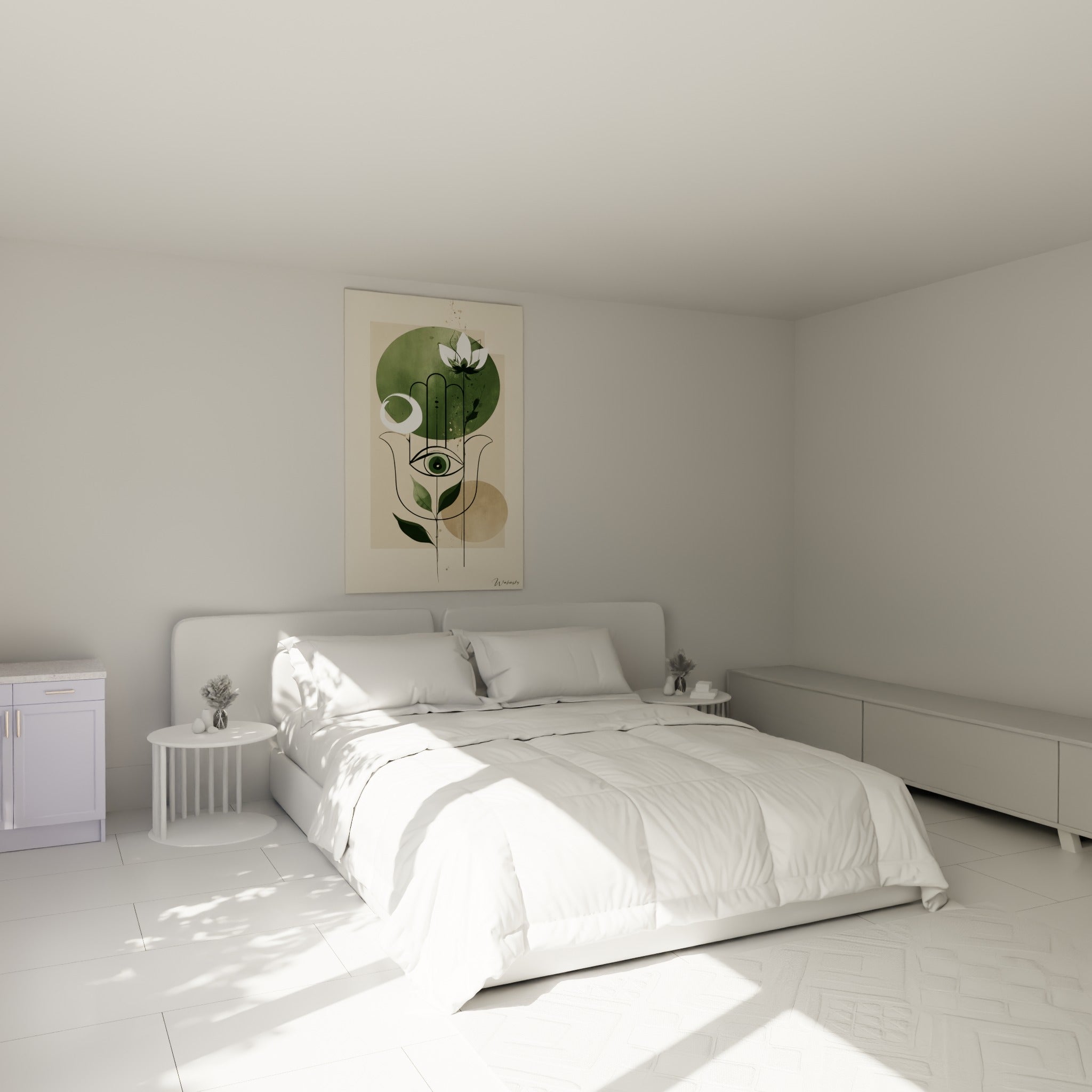 Symbole protecteur vert et blanc accroché au-dessus d'un lit dans une chambre claire