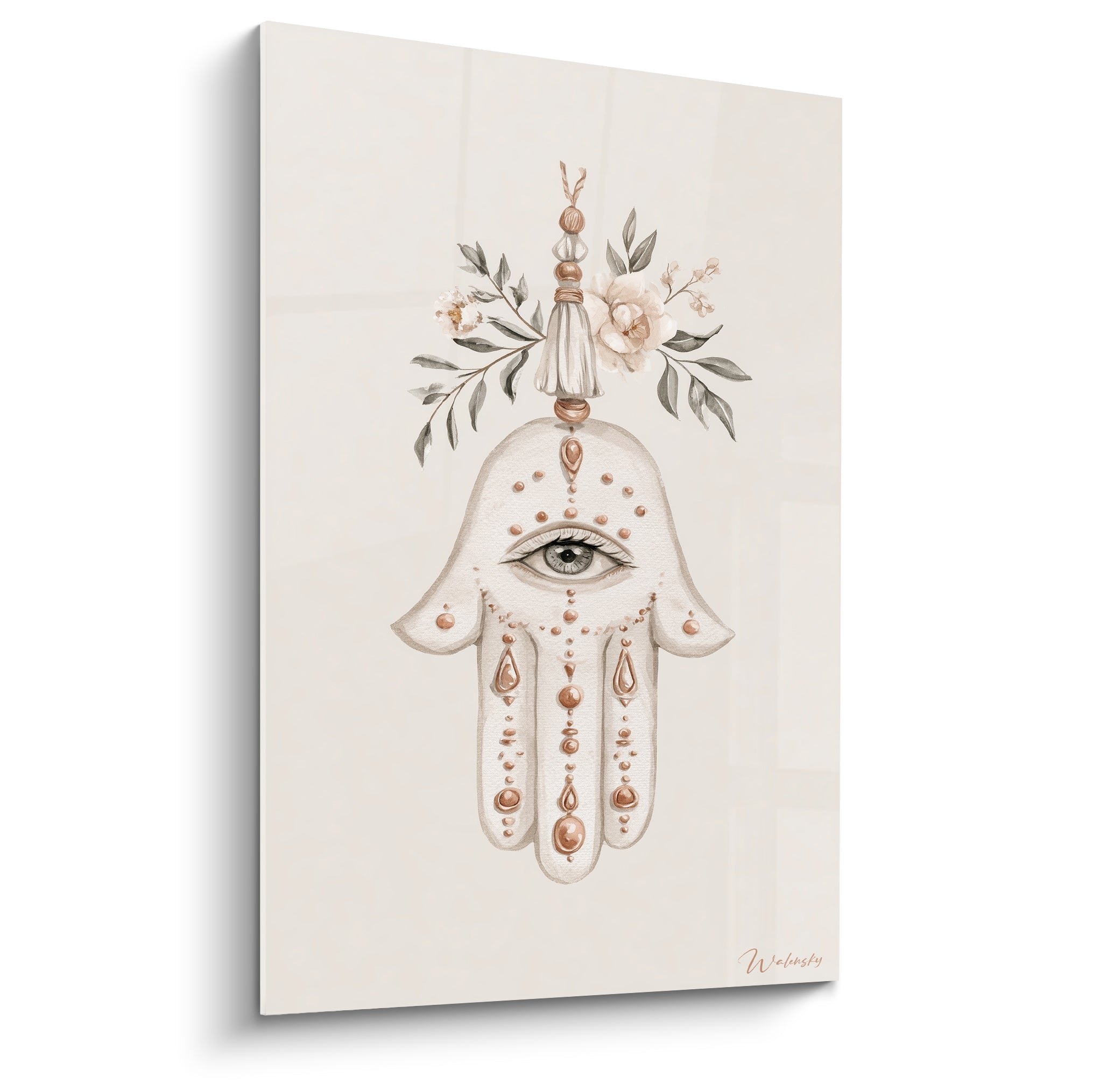 Main de Fatma beige et cuivre ornée d'un œil central et d'une couronne florale blanche