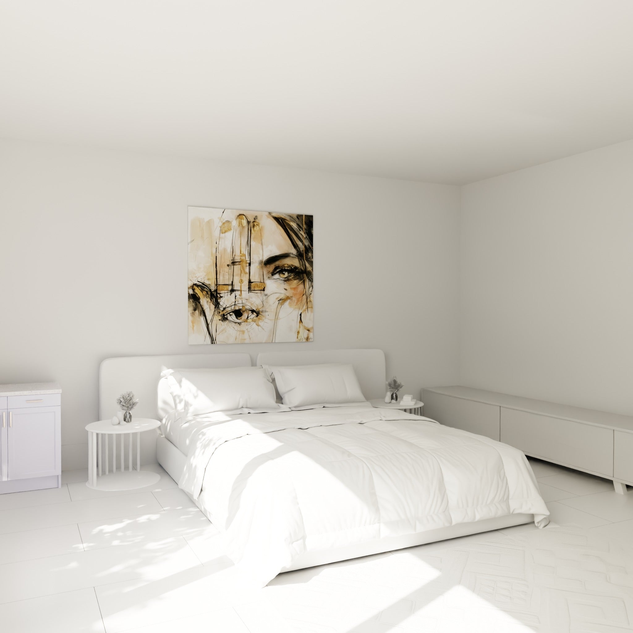 Visage esquissé et main ouverte dorée aux traits anthracite, au-dessus d'un lit dans une chambre claire