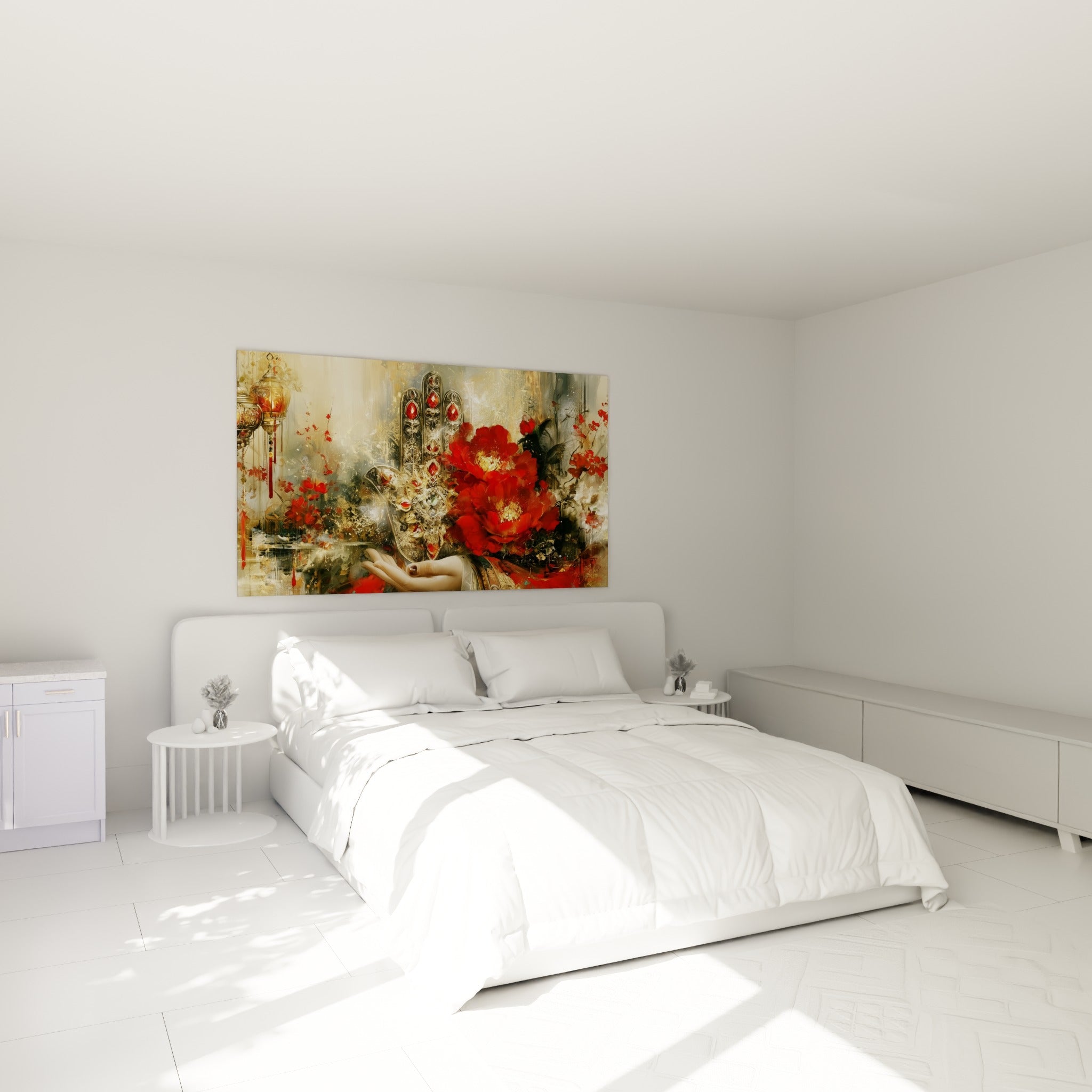 Bijou Main de fatma rouge et or, main tendue parmi les pivoines, au-dessus d'un lit dans une chambre claire