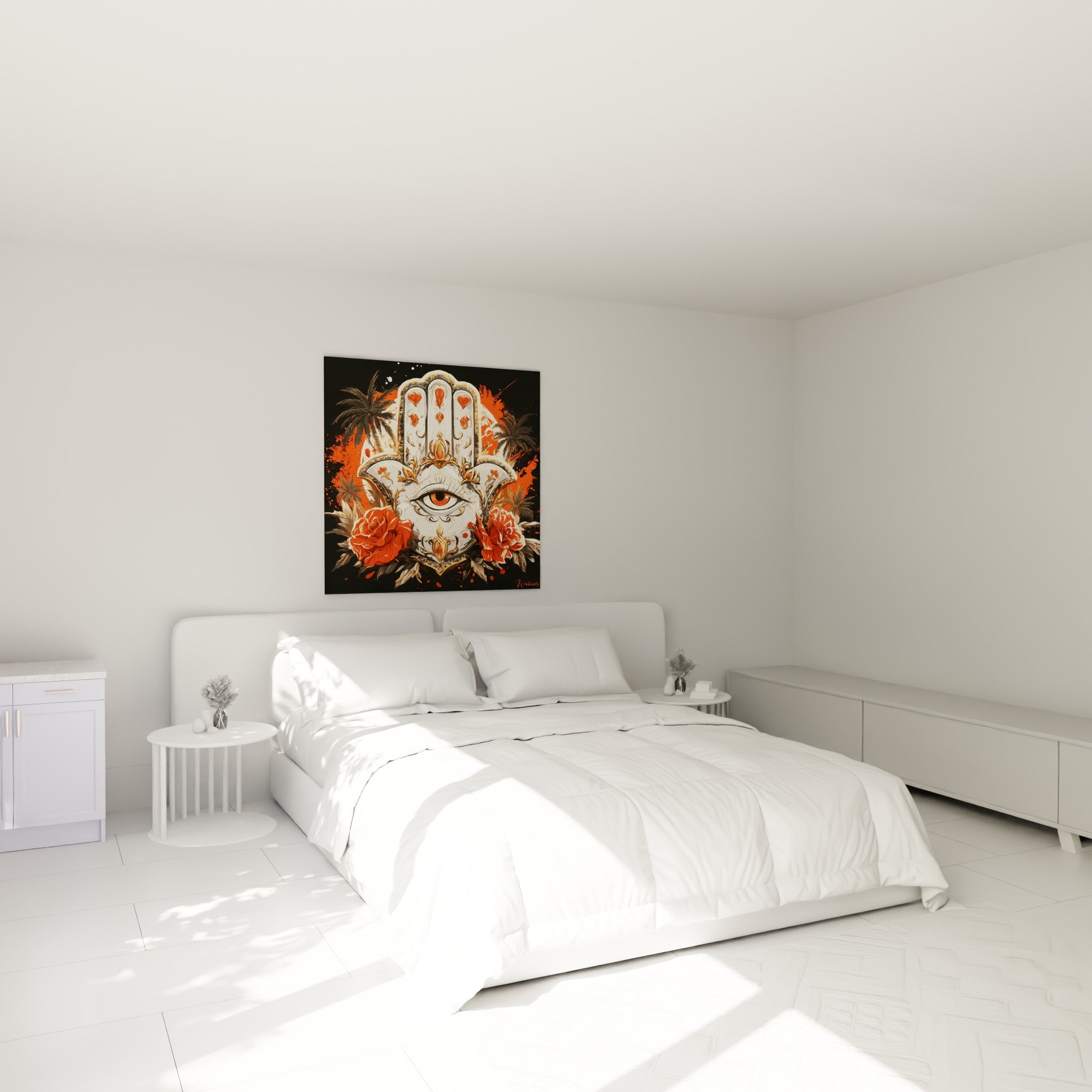 Symbole protecteur orné de roses rouges et dorures accroché au-dessus d'un lit dans une chambre claire
