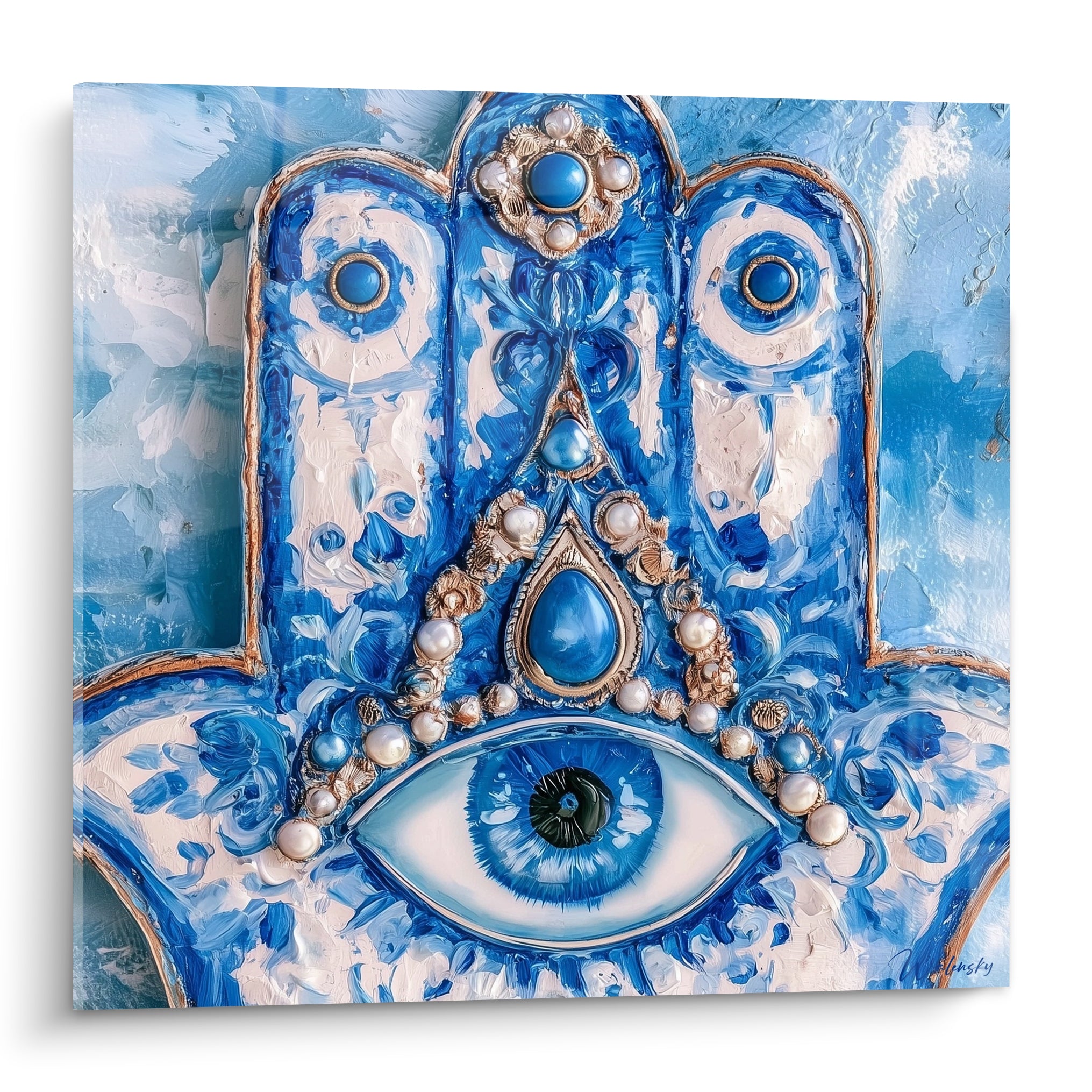 Main de Fatma bleu marine et blanc, œil turquoise central, perles nacrées et reliefs dorés en relief peint