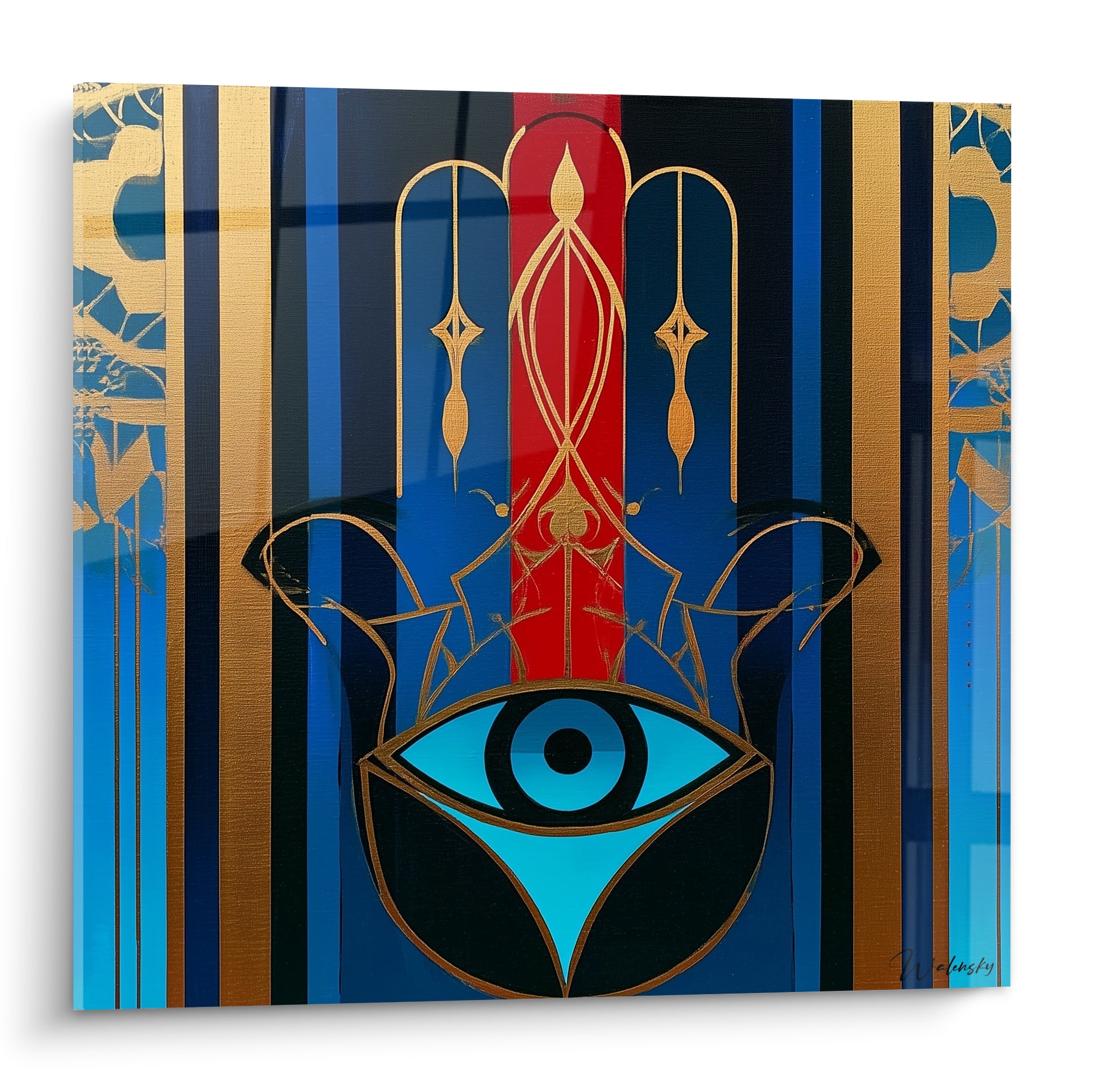 Main de Fatma bleu marine et dorée à œil turquoise sur fond de bandes rouges et anthracite