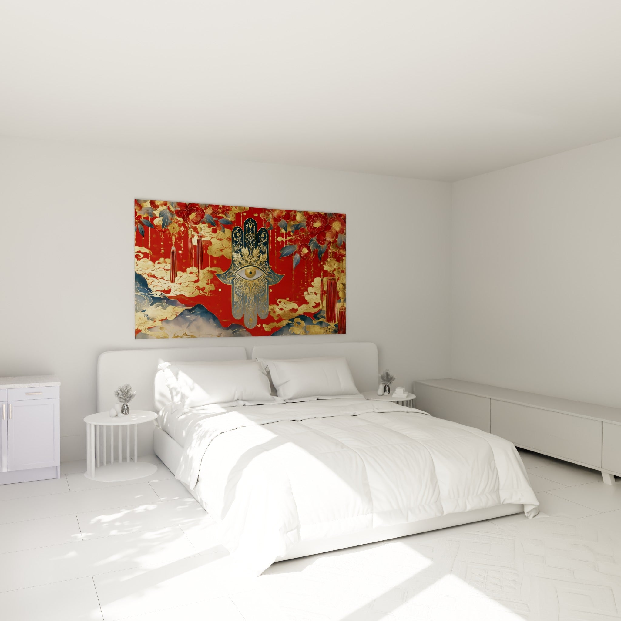 Paume dorée et bleu marine ornée d'un œil, accrochée au-dessus d'un lit dans une chambre claire