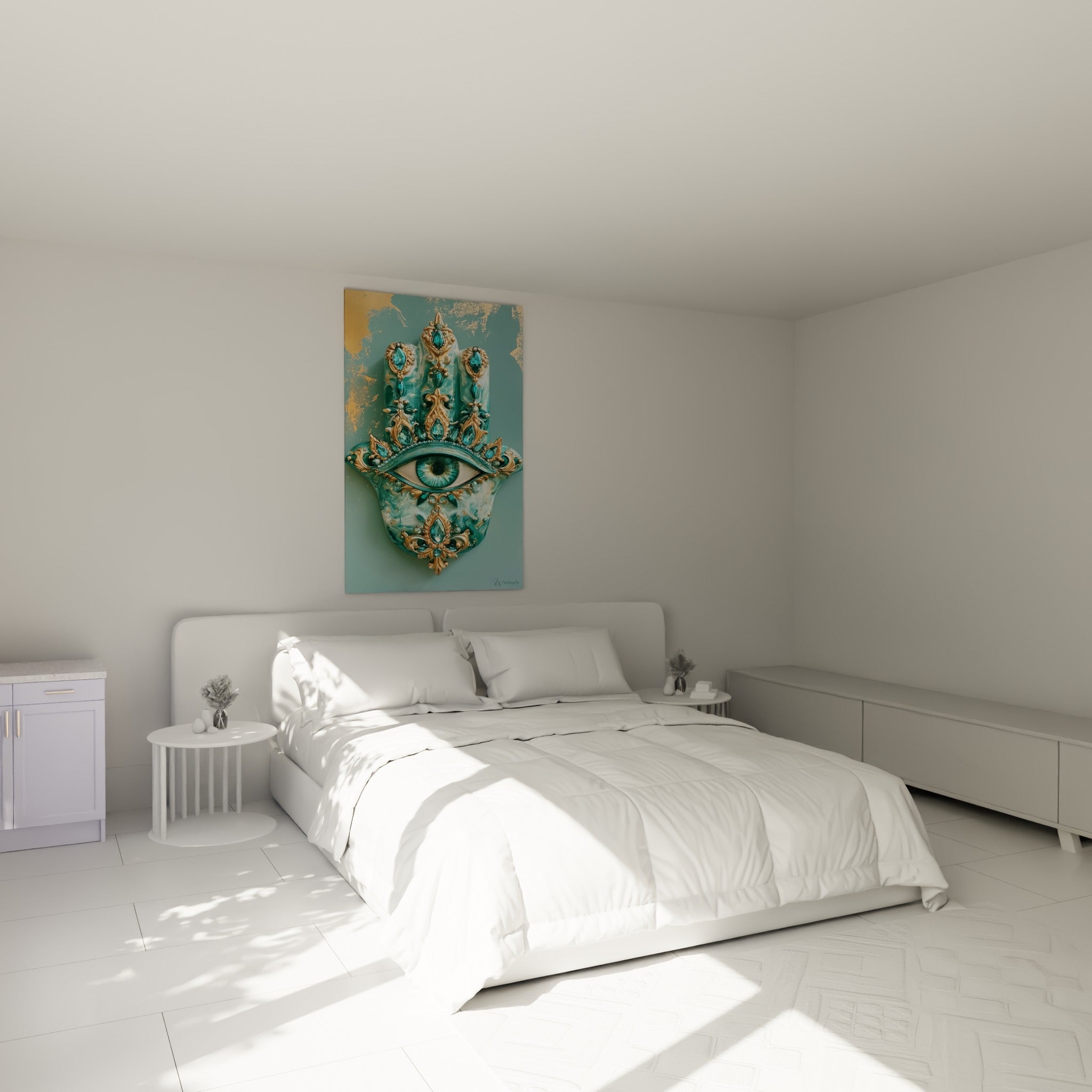Symbole protecteur turquoise et or, main de fatma accrochée au-dessus d'un lit dans une chambre claire