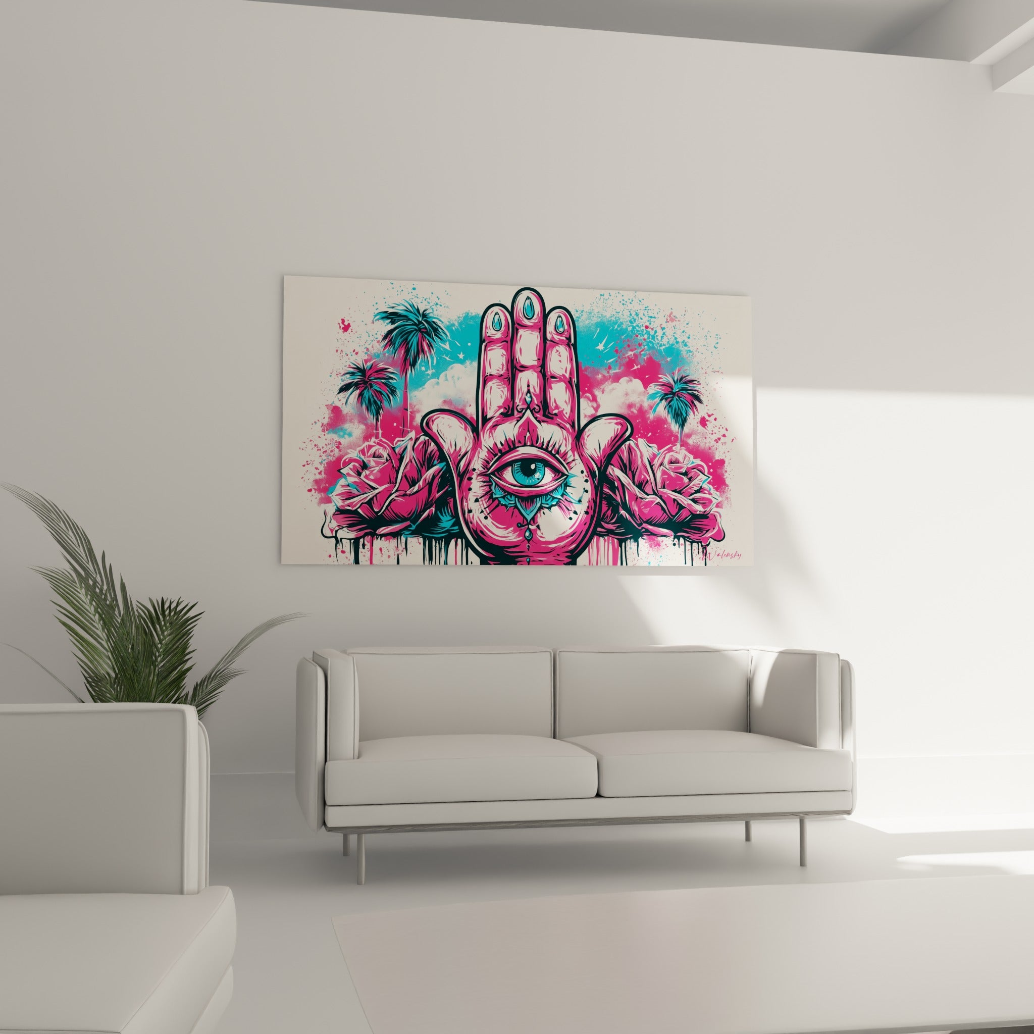 Symbole graphique rose fuchsia à l'œil turquoise et pierres bleutées, au-dessus d'un canapé dans un salon lumineux