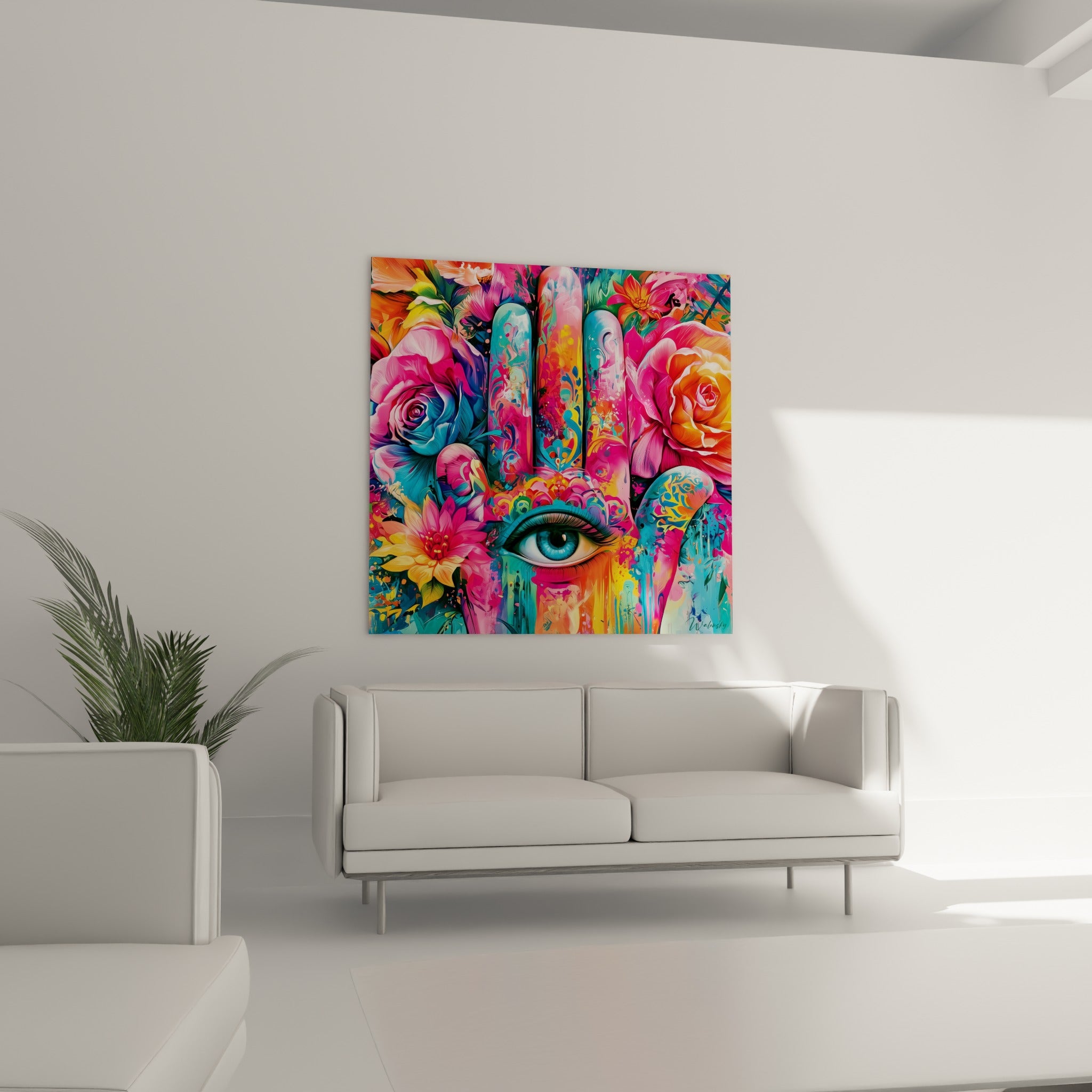 Œil bleu central de la Main de fatma entouré de roses roses et corail au-dessus d'un canapé dans un salon lumineux