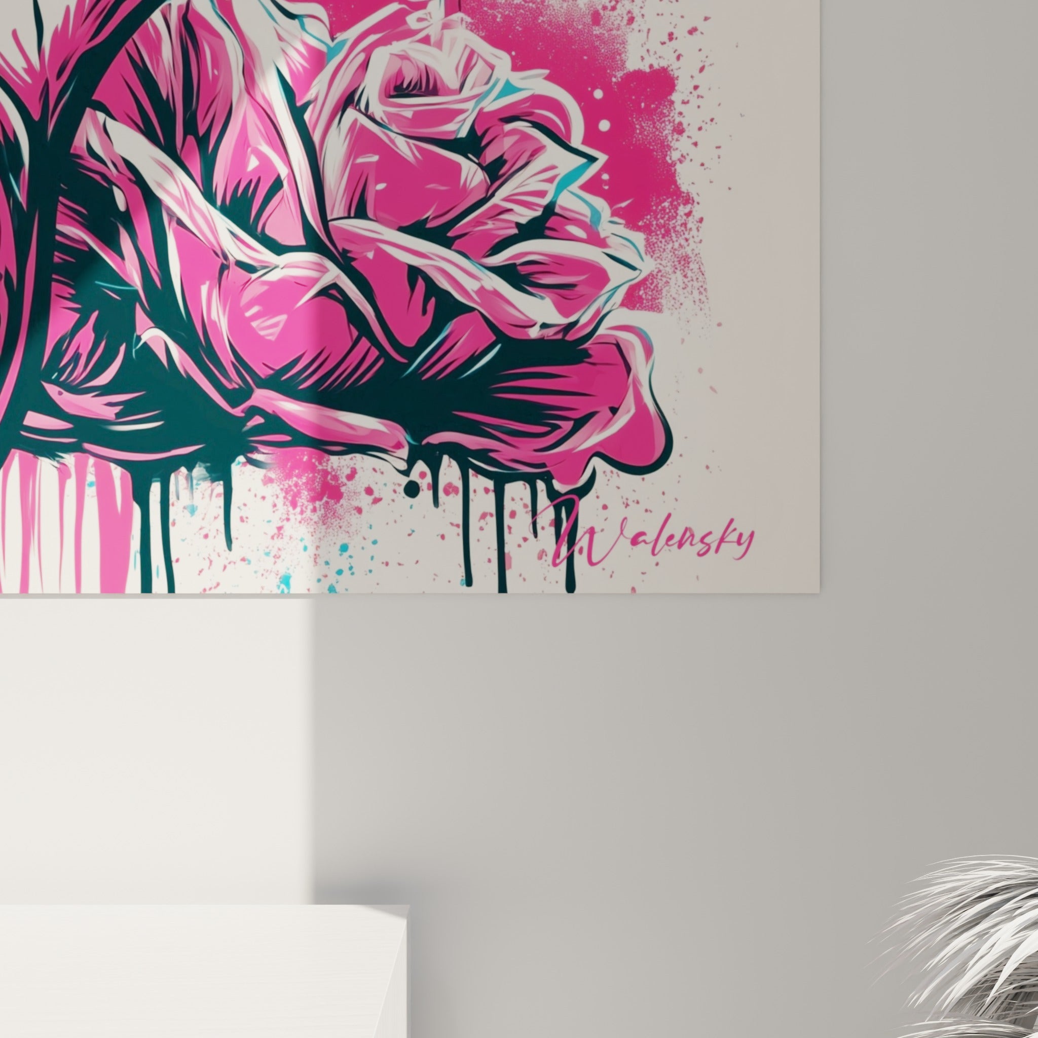 Détail des coulures noires et éclaboussures rose et turquoise sur la toile de la Main de Fatma