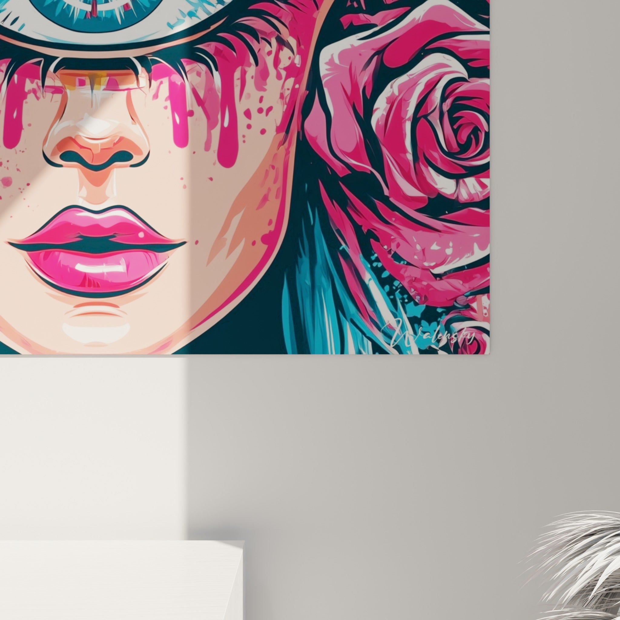 Détail des coulures roses et du trait noir épais du tableau, où bleu turquoise et fuchsia se fondent en empâtements vifs.
