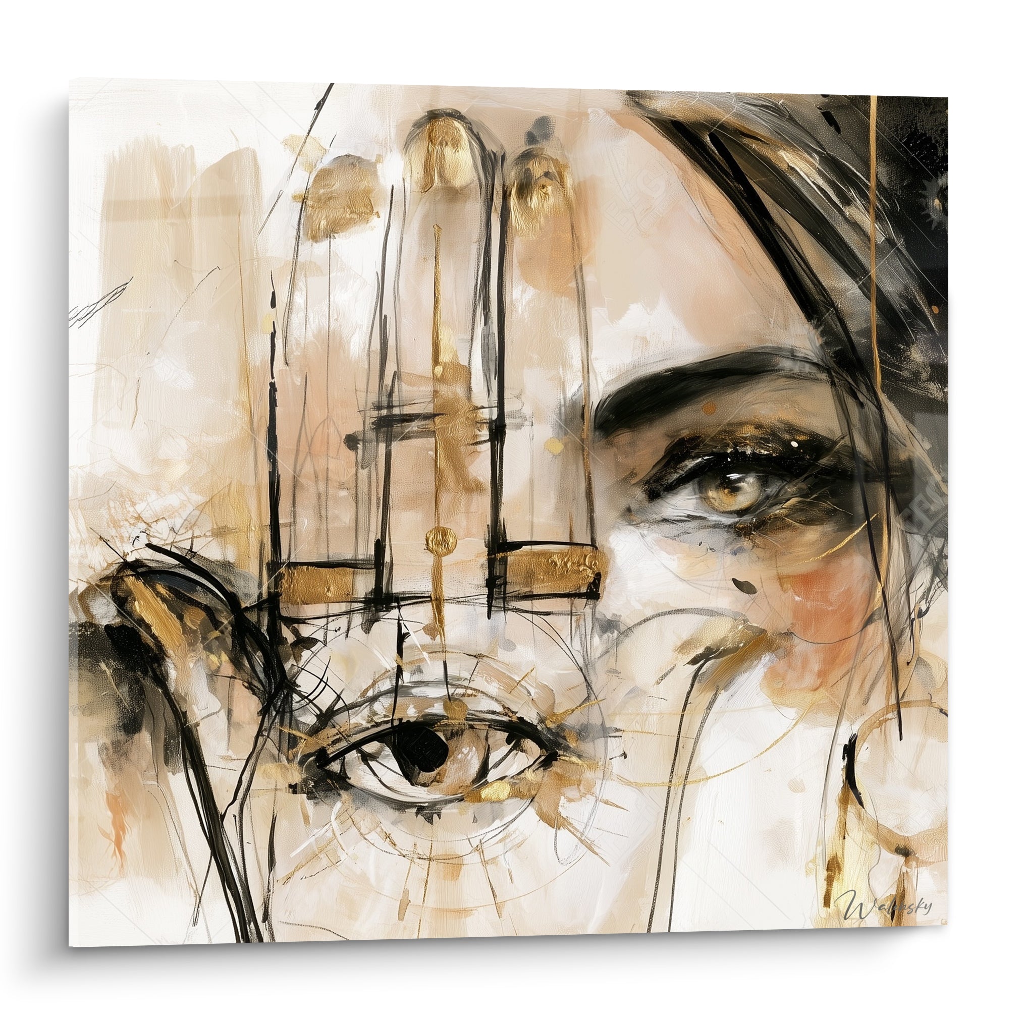 Main de Fatma dorée et visage esquissé en beige, noir et or, œil peint dans la paume