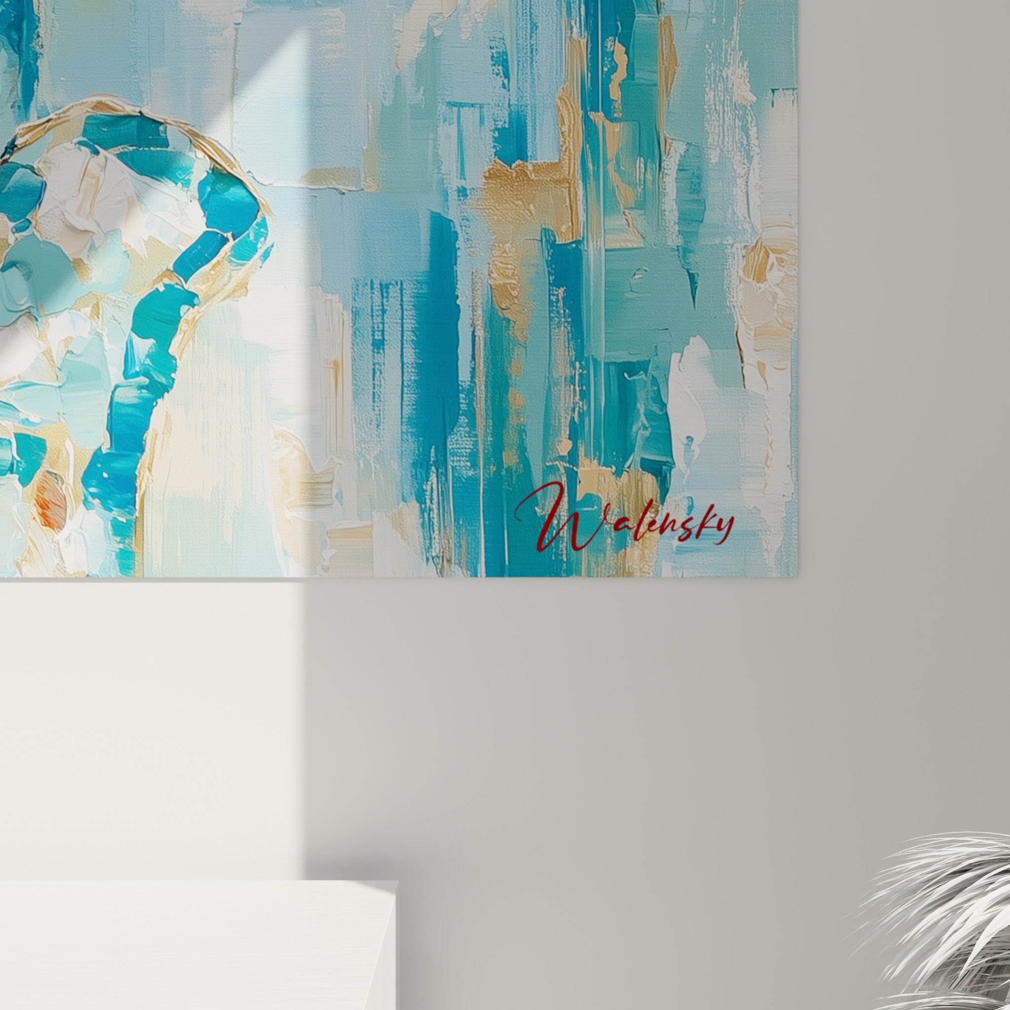 Empâtements bleu pétrole et blancs crémeux, coulures ocre visibles sur la toile de la main de fatma