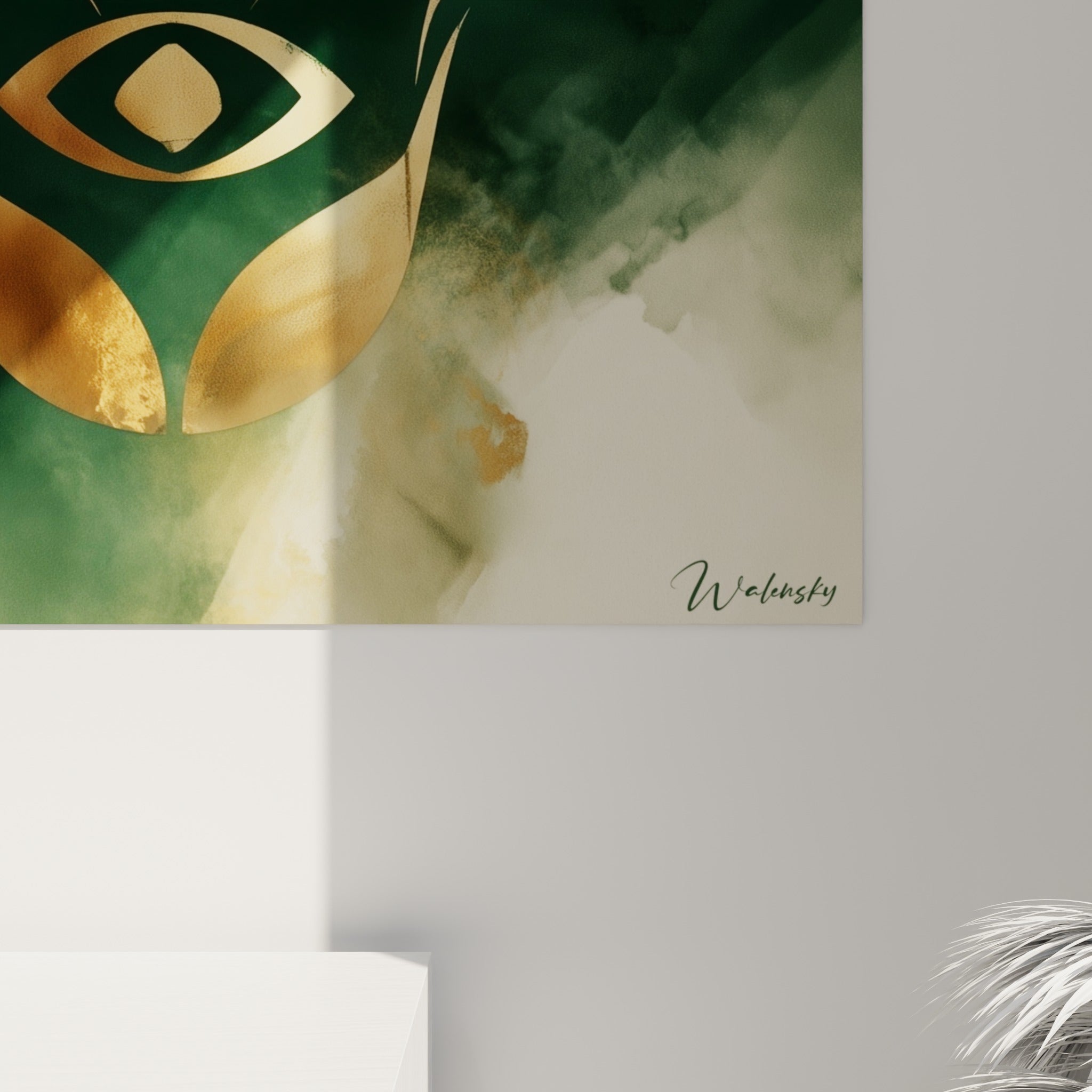 Détail des empâtements dorés et des nuances vert émeraude sur la toile de la Main de Fatma
