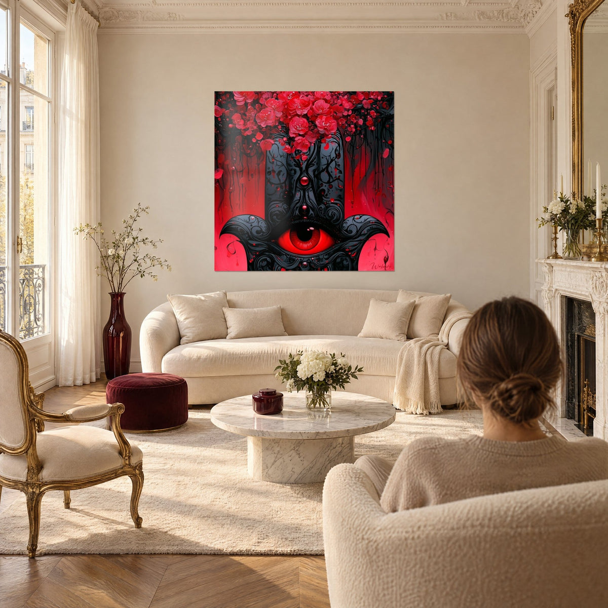 Tableau main de fatma noire ornée de volutes, œil rouge écarlate sous des fleurs de cerisier, au-dessus d'un canapé dans un salon lumineux