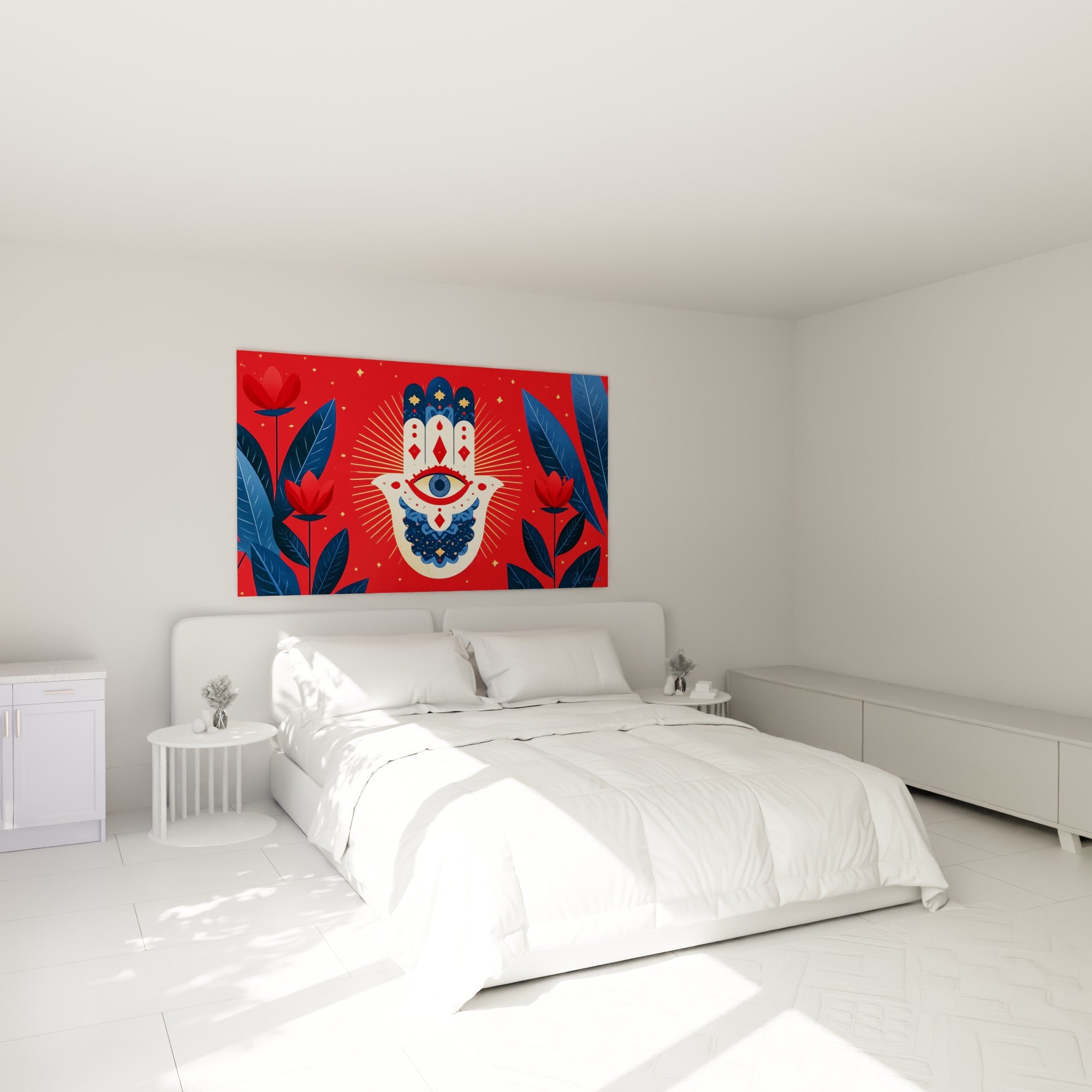 Symbole protecteur main de fatma rouge et bleu marine au-dessus d'un lit dans une chambre claire