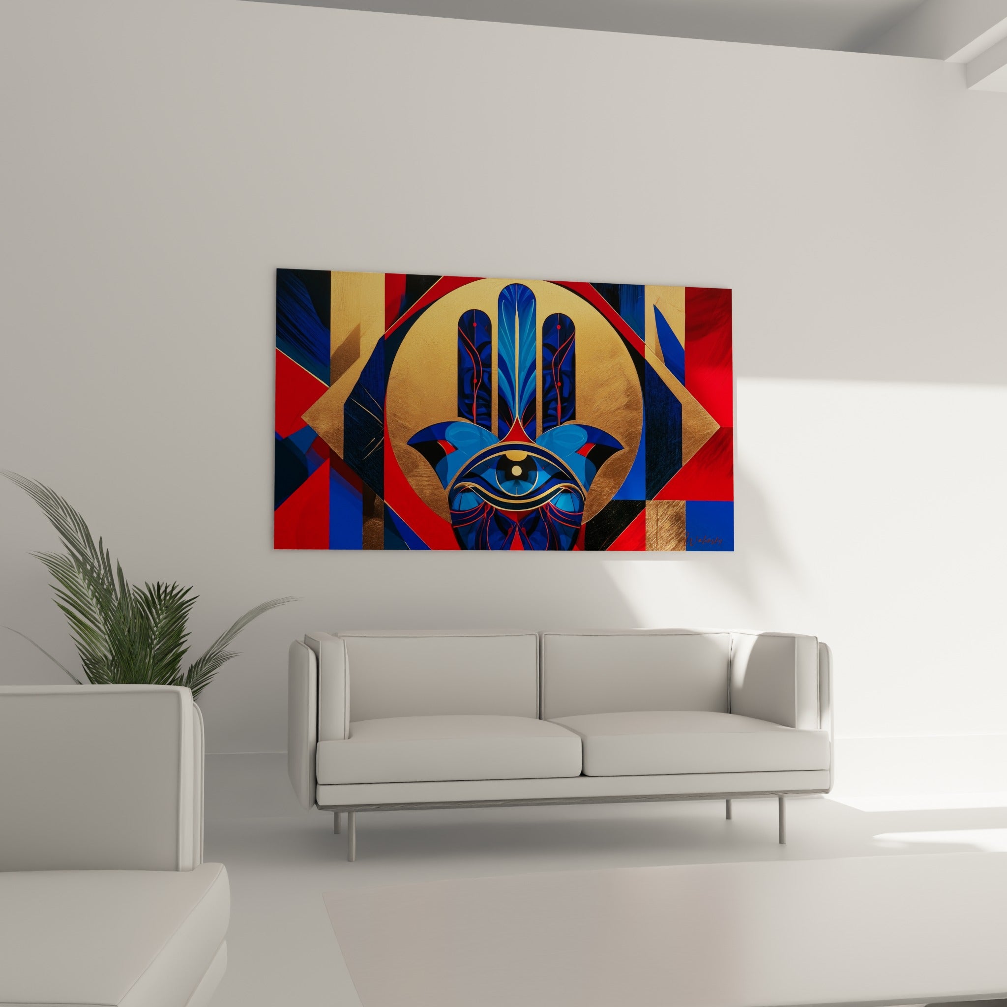 Composition dorée et bleu marine de la Main de Fatma disposée au-dessus d'un canapé dans un salon lumineux