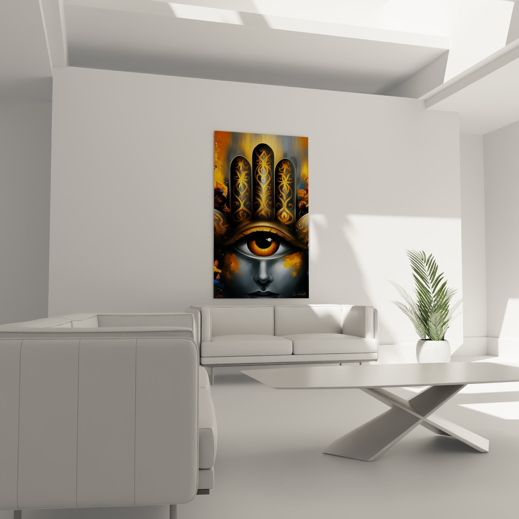 Motifs dorés de la Main de Fatma anthracite disposés au-dessus d'un canapé dans un salon lumineux