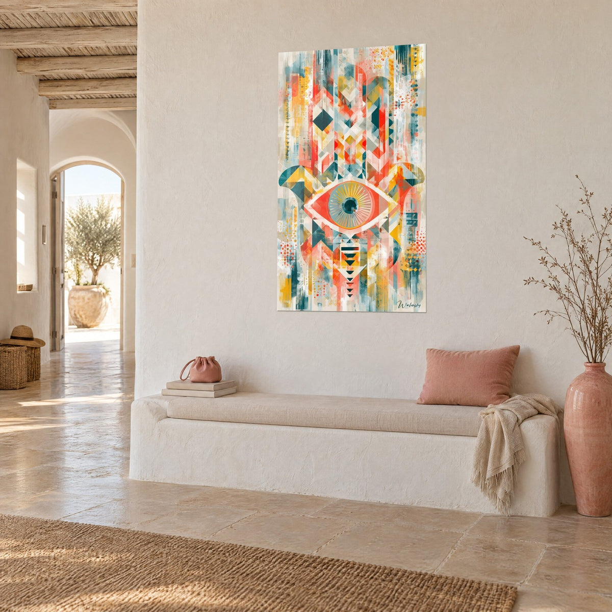 Tableau talisman à l'œil central rayonnant, jaune moutarde et rose saumon, accroché près d'un banc blanc et d'un coussin rose
