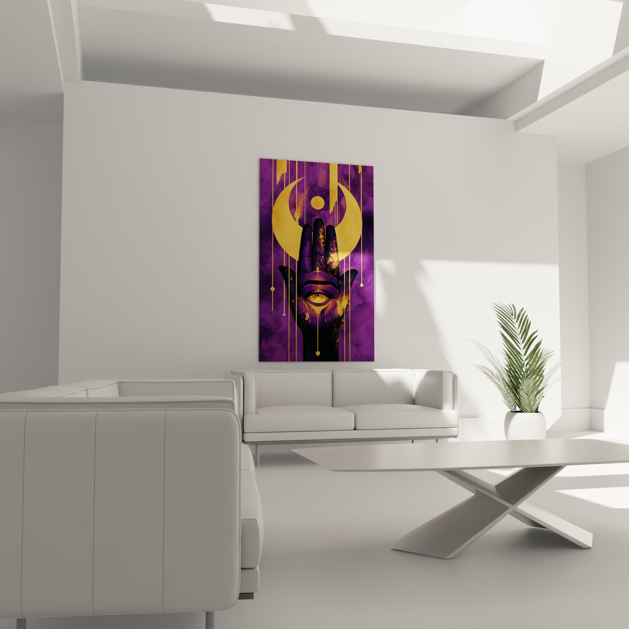 Œil doré au centre d'une main de fatma anthracite et violette, au-dessus d'un canapé dans un salon lumineux