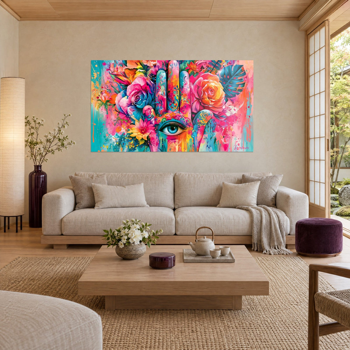 Tableau main de fatma ornée de roses roses et orange, œil bleu au creux de la paume, turquoise éclatant, au-dessus d'un canapé dans un salon lumineux