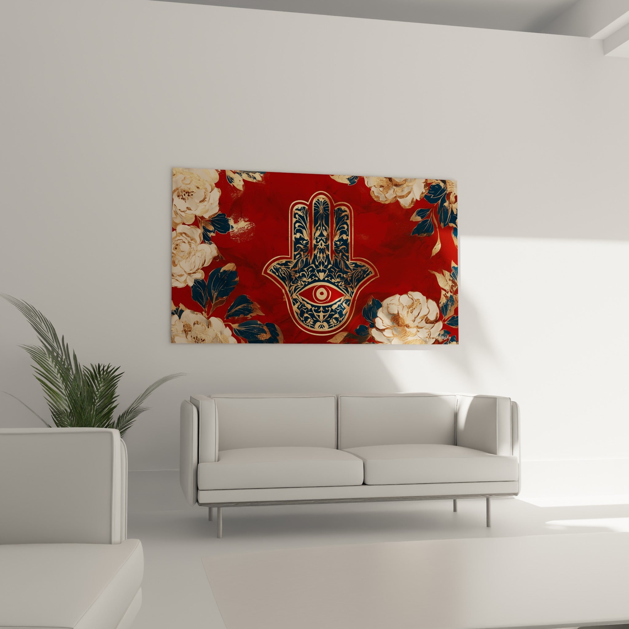 Motifs floraux dorés encadrant une main de fatma rouge, au-dessus d'un canapé dans un salon lumineux