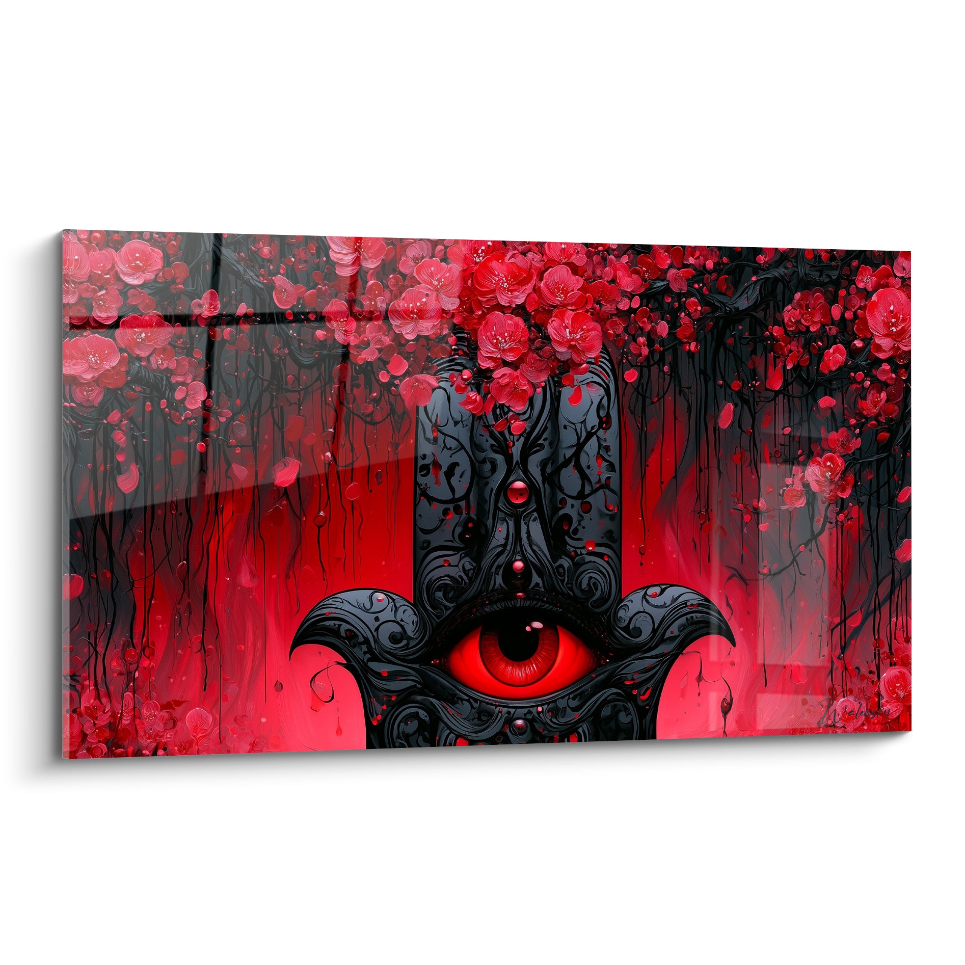 Main de fatma noire à l'œil rouge intense, entourée de fleurs écarlates sur fond sombre
