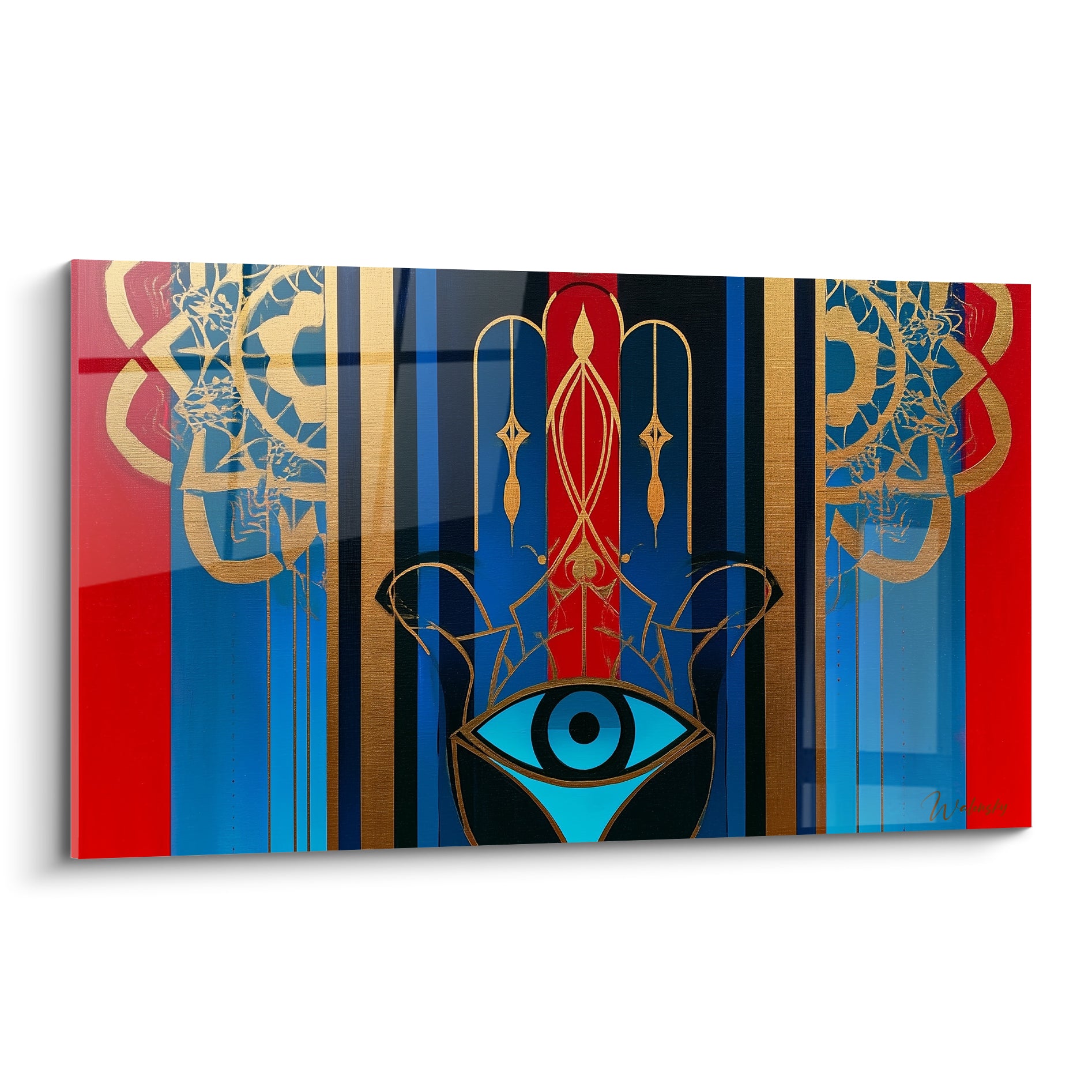 Main de Fatma dorée et turquoise sur fond rouge et bleu marine, motifs géométriques