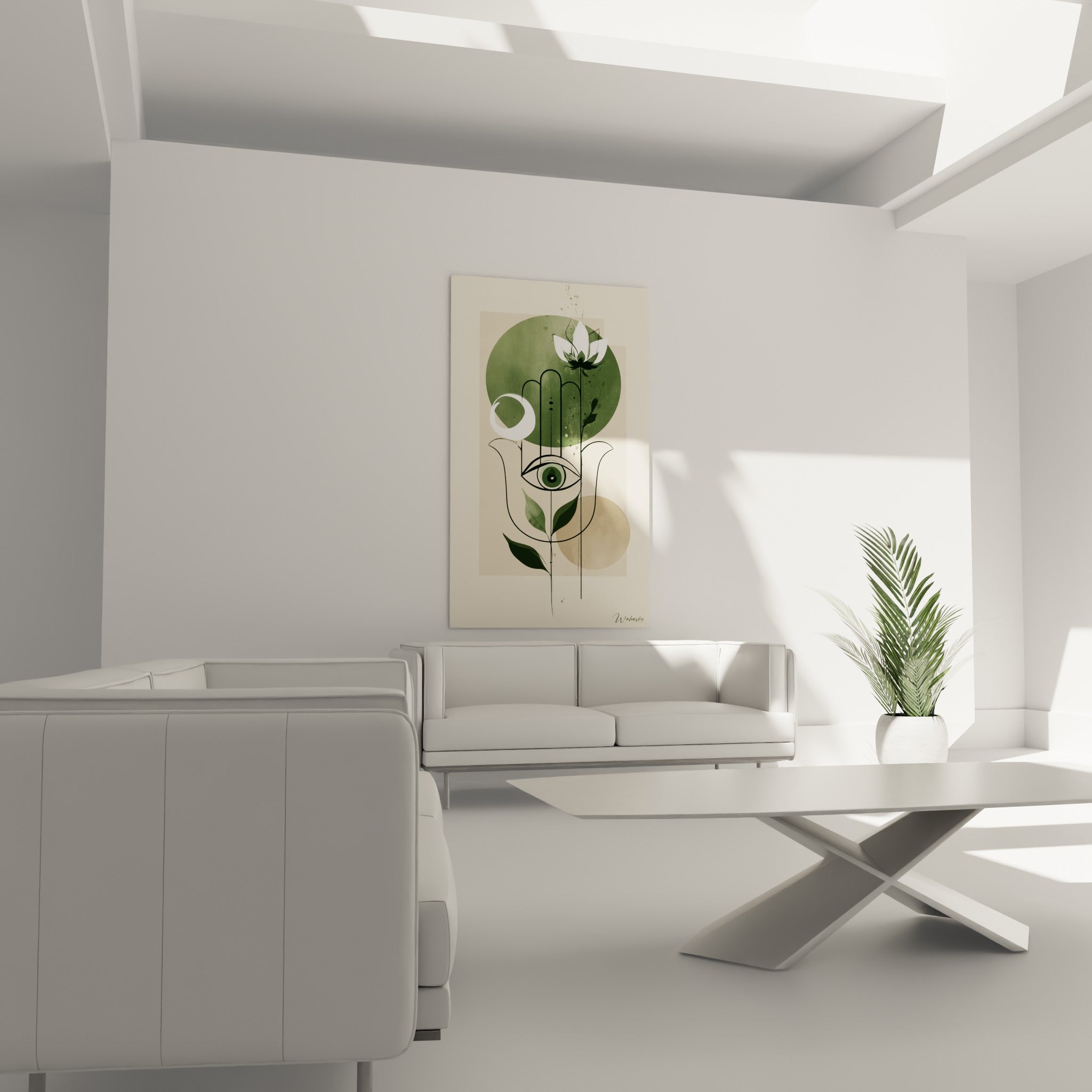 Silhouette graphique de main verte et beige surplombée d'un lotus, au-dessus d'un canapé dans un salon lumineux