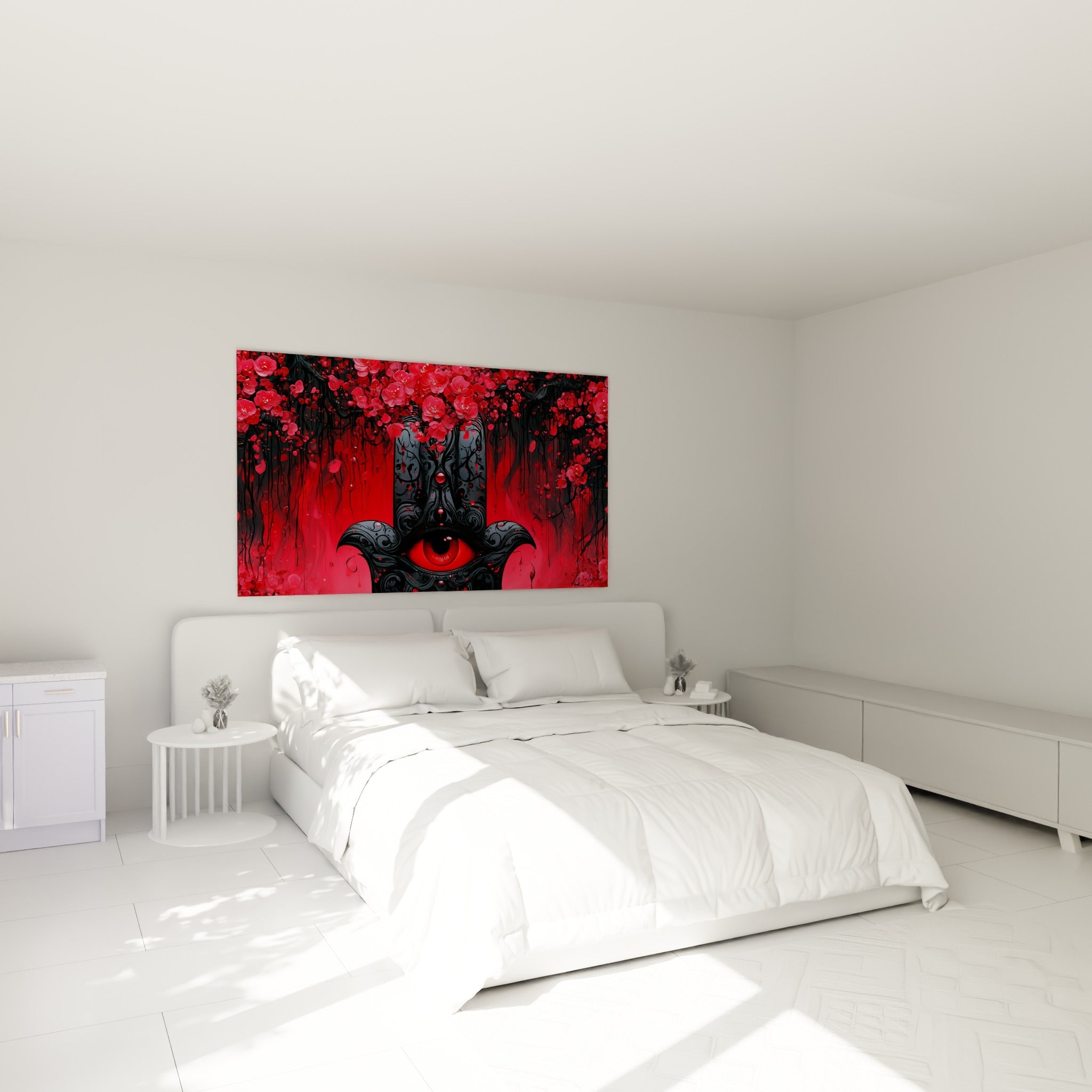 Paume sculptée aux fleurs rouges de la Main de fatma, accrochée au-dessus d'un lit dans une chambre claire