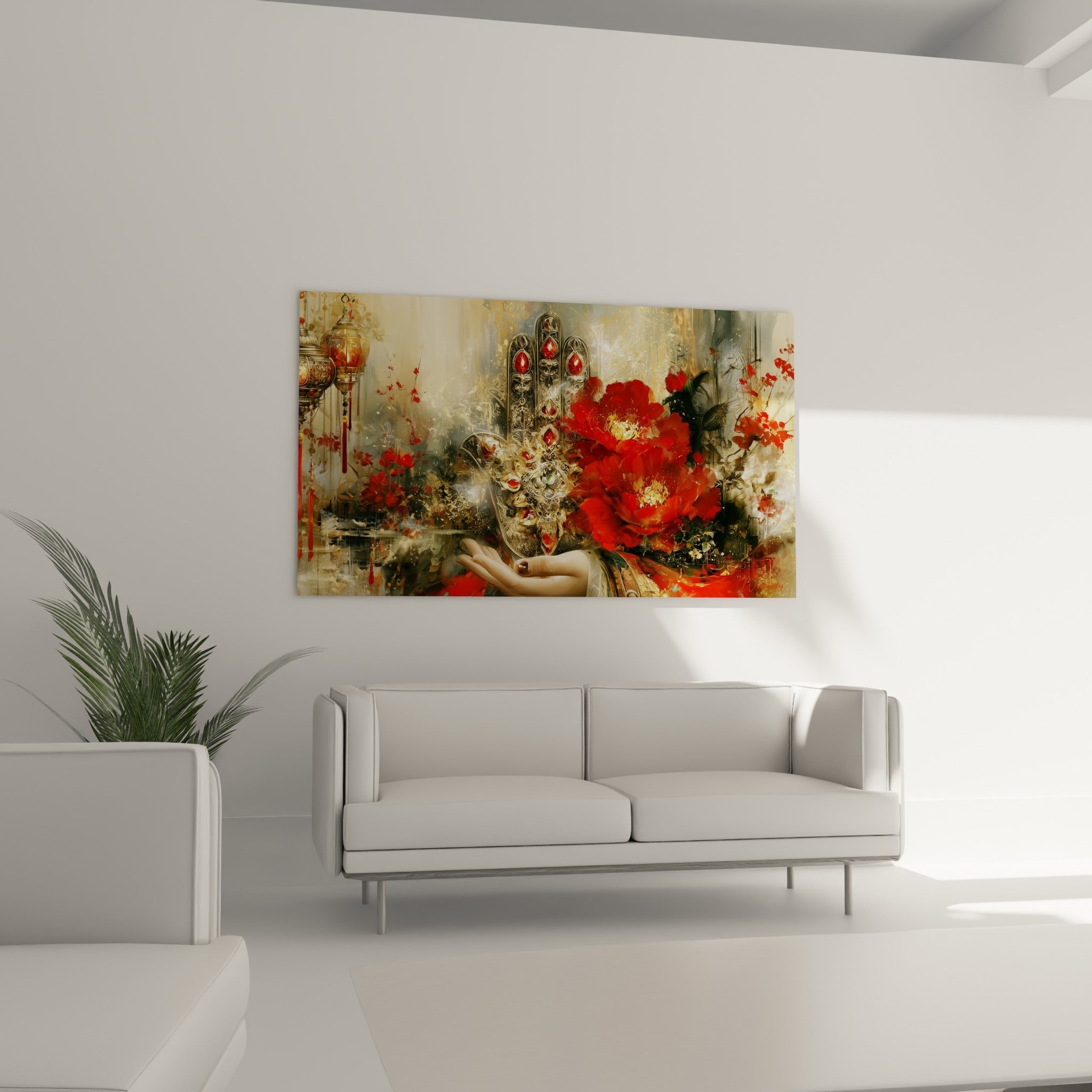 Pivoines rouges et main ornée dorée composant ce tableau Main de fatma, au-dessus d'un canapé dans un salon lumineux