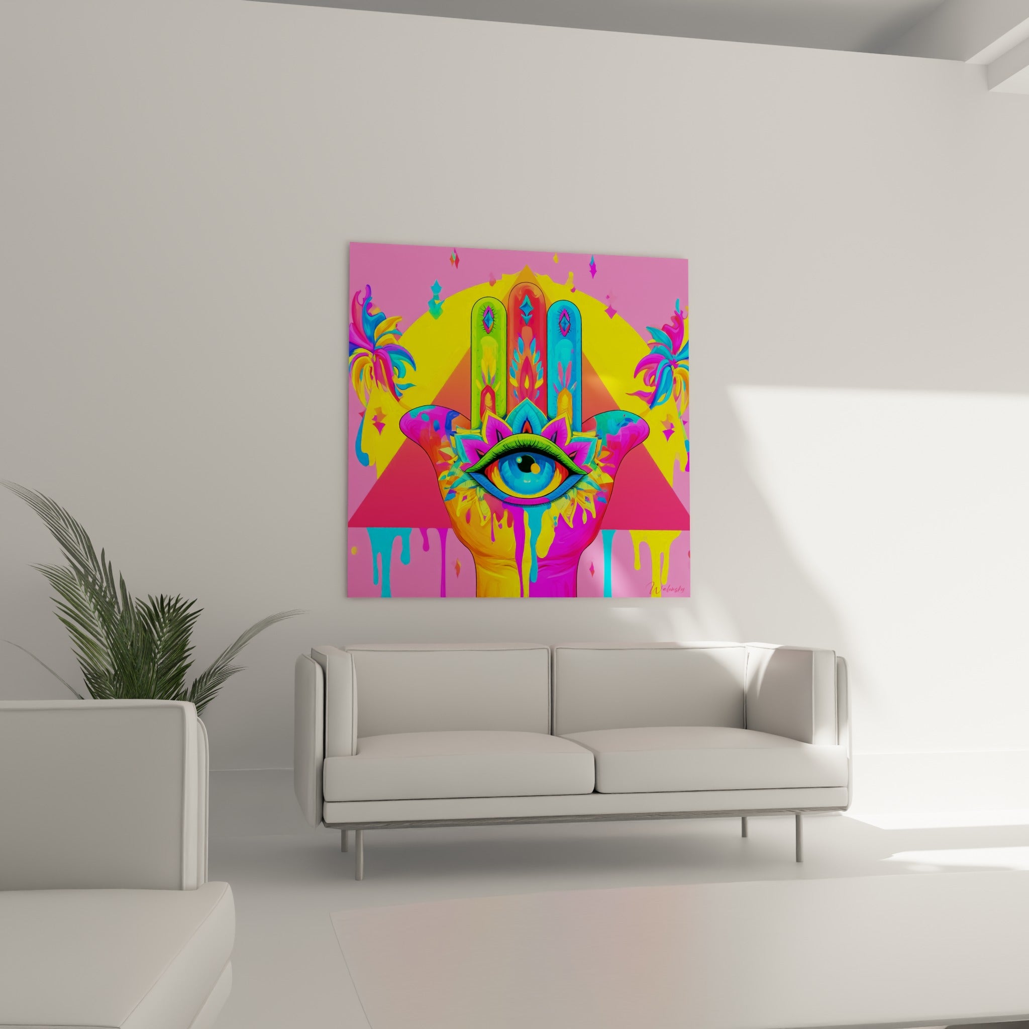 Talisman graphique rose et turquoise à œil central bleu, disposé au-dessus d'un canapé dans un salon lumineux