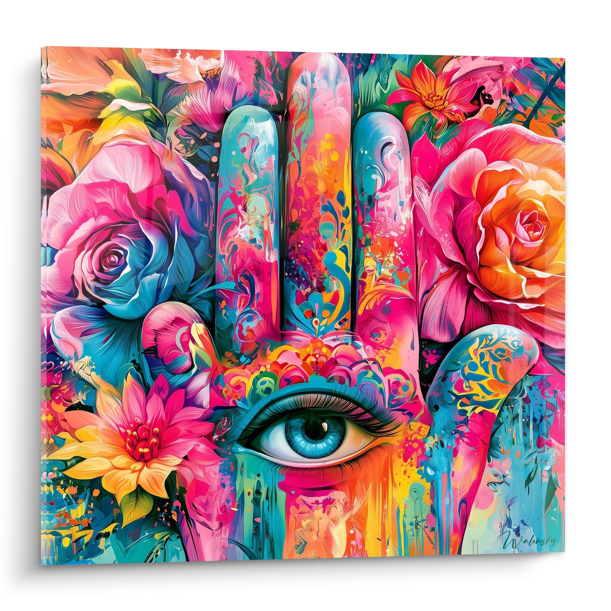 Main de fatma rose fuchsia et turquoise ornée d'un œil bleu et de roses colorées