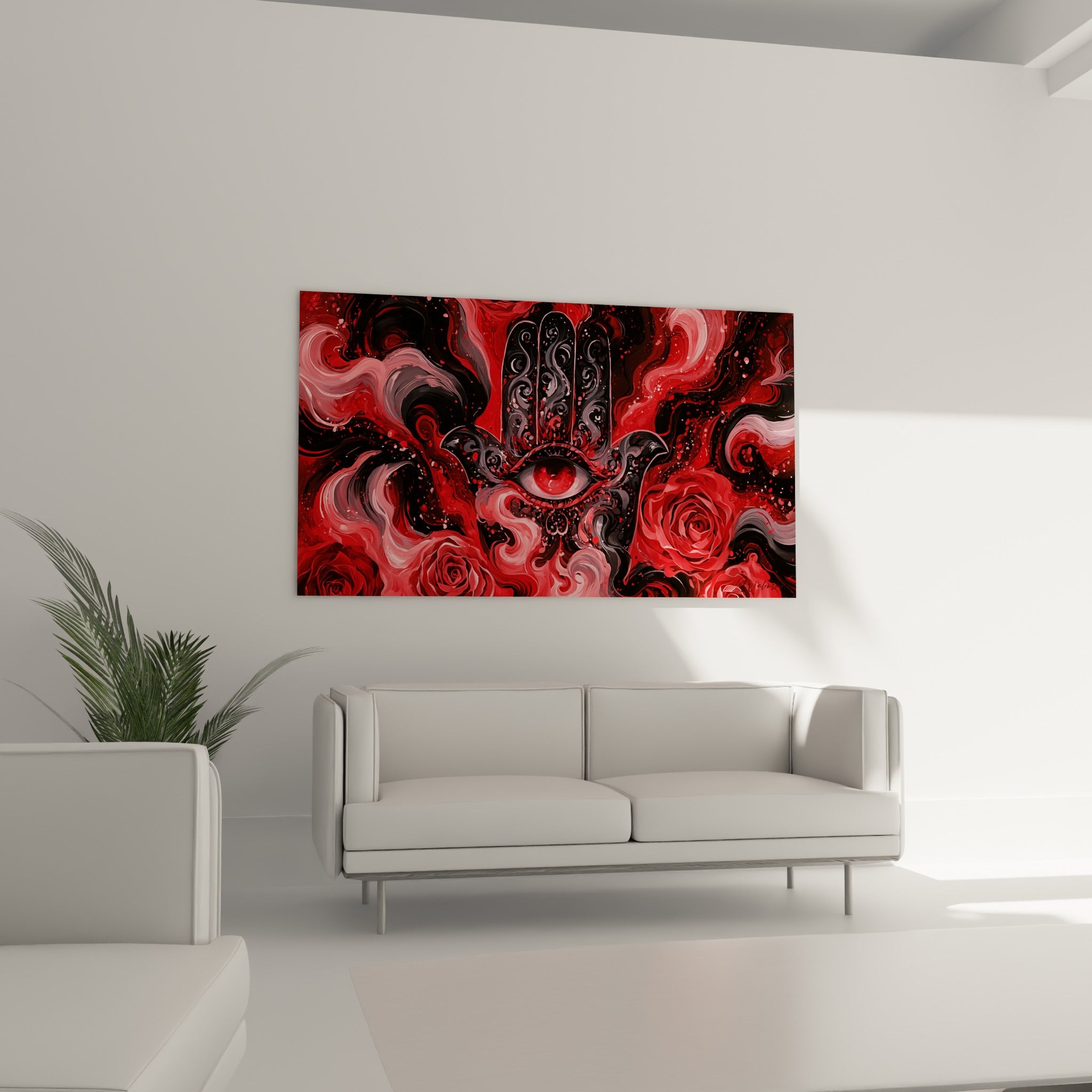 Roses rose pâle et volutes rouges encadrant une main de fatma noire, au-dessus d'un canapé dans un salon lumineux