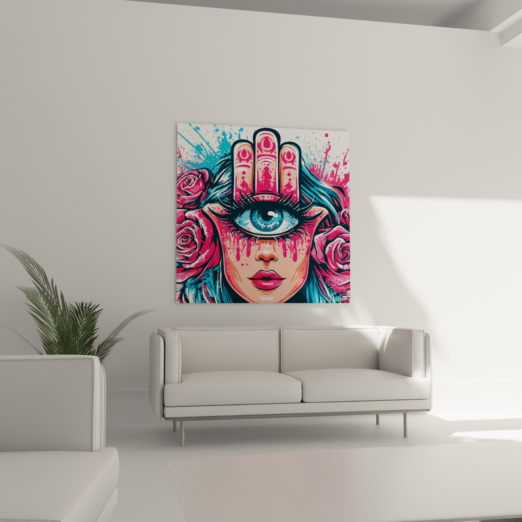 Œil turquoise et roses fuchsia entourent un visage graphique, suspendu au-dessus d'un canapé dans un salon lumineux.