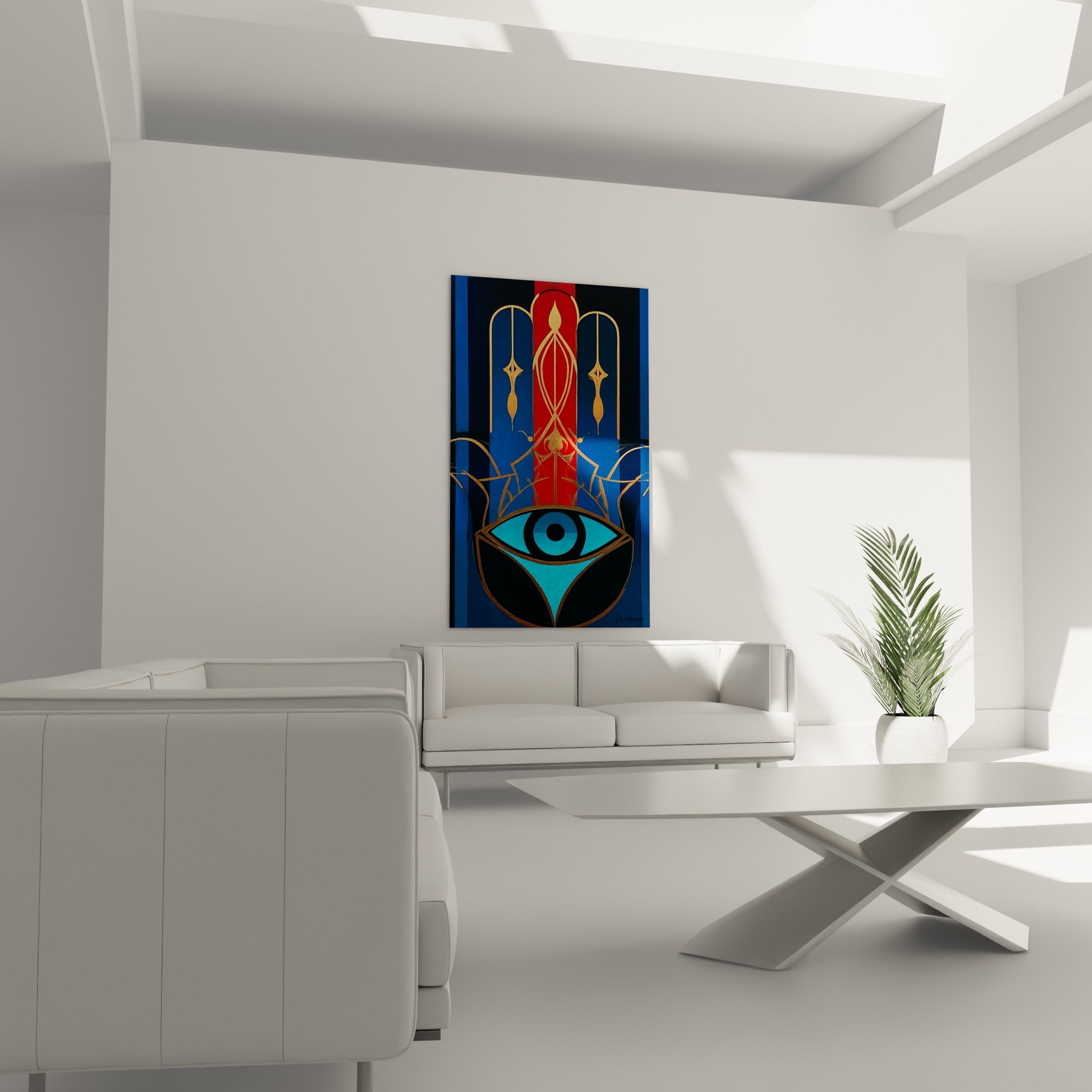 Œil turquoise cerclé de noir sur fond bleu marine de la Main de Fatma, au-dessus d'un canapé dans un salon lumineux