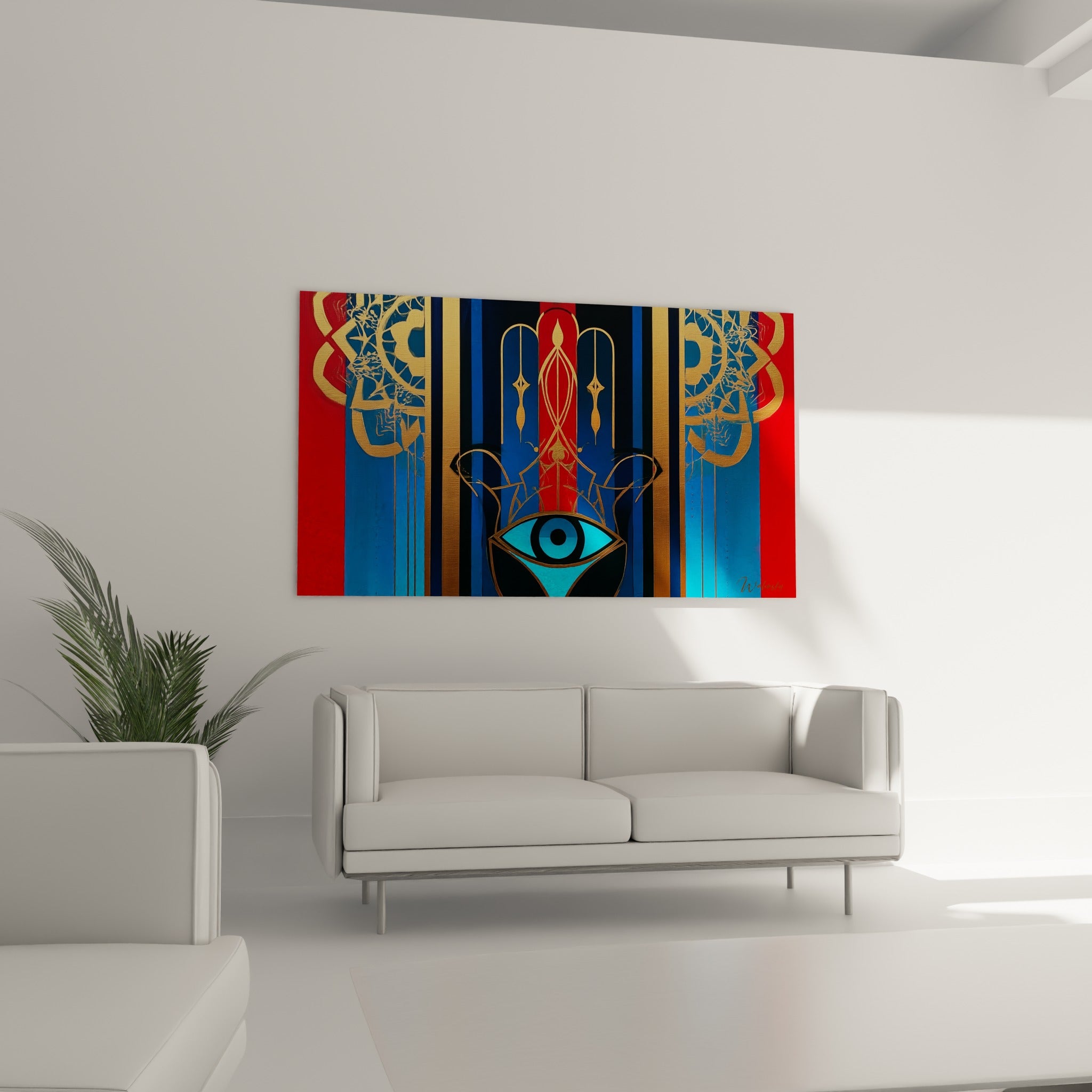 Œil turquoise et tracés dorés de la Main de Fatma, au-dessus d'un canapé dans un salon lumineux