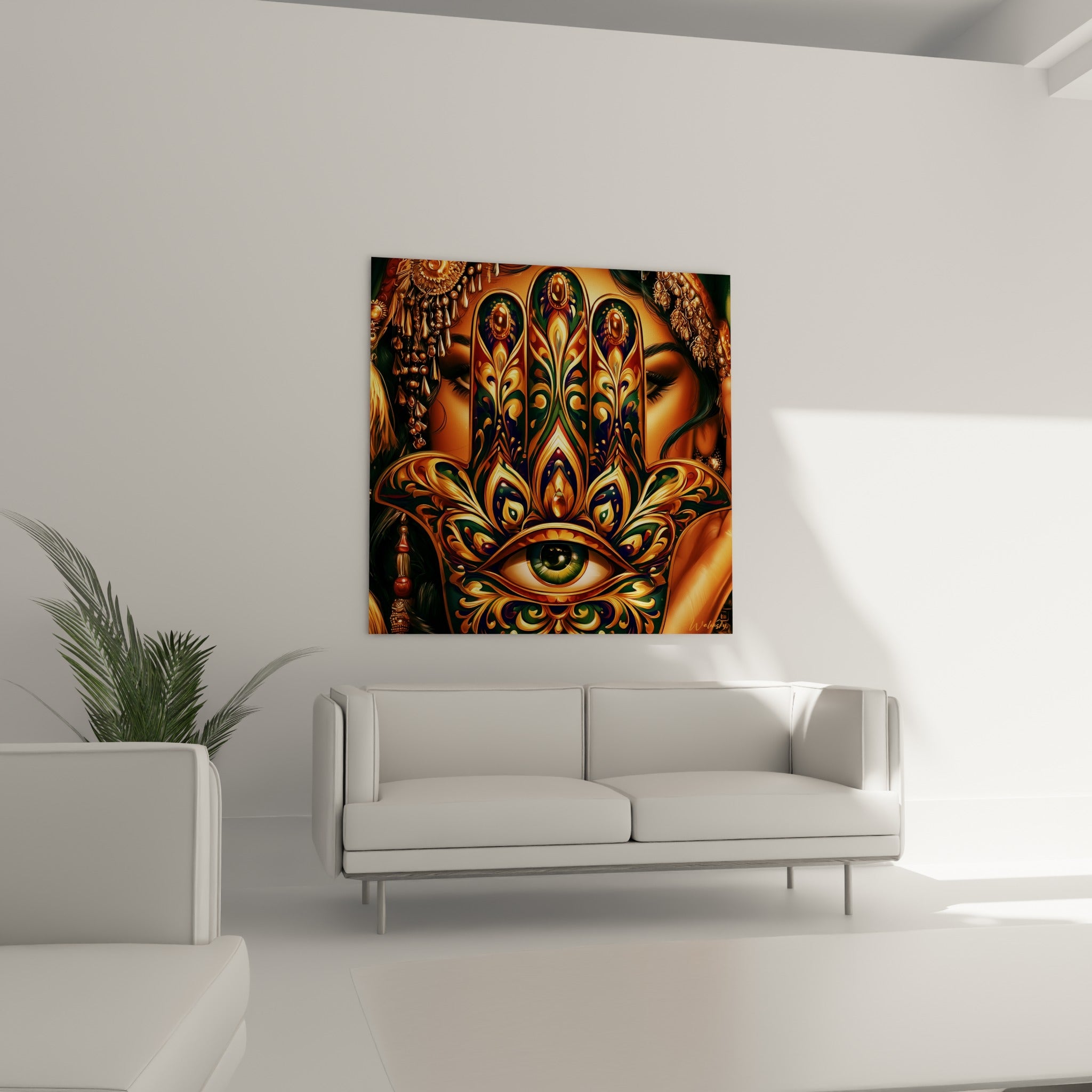 Motifs orientaux dorés et bordeaux d'une Main de fatma au-dessus d'un canapé dans un salon lumineux