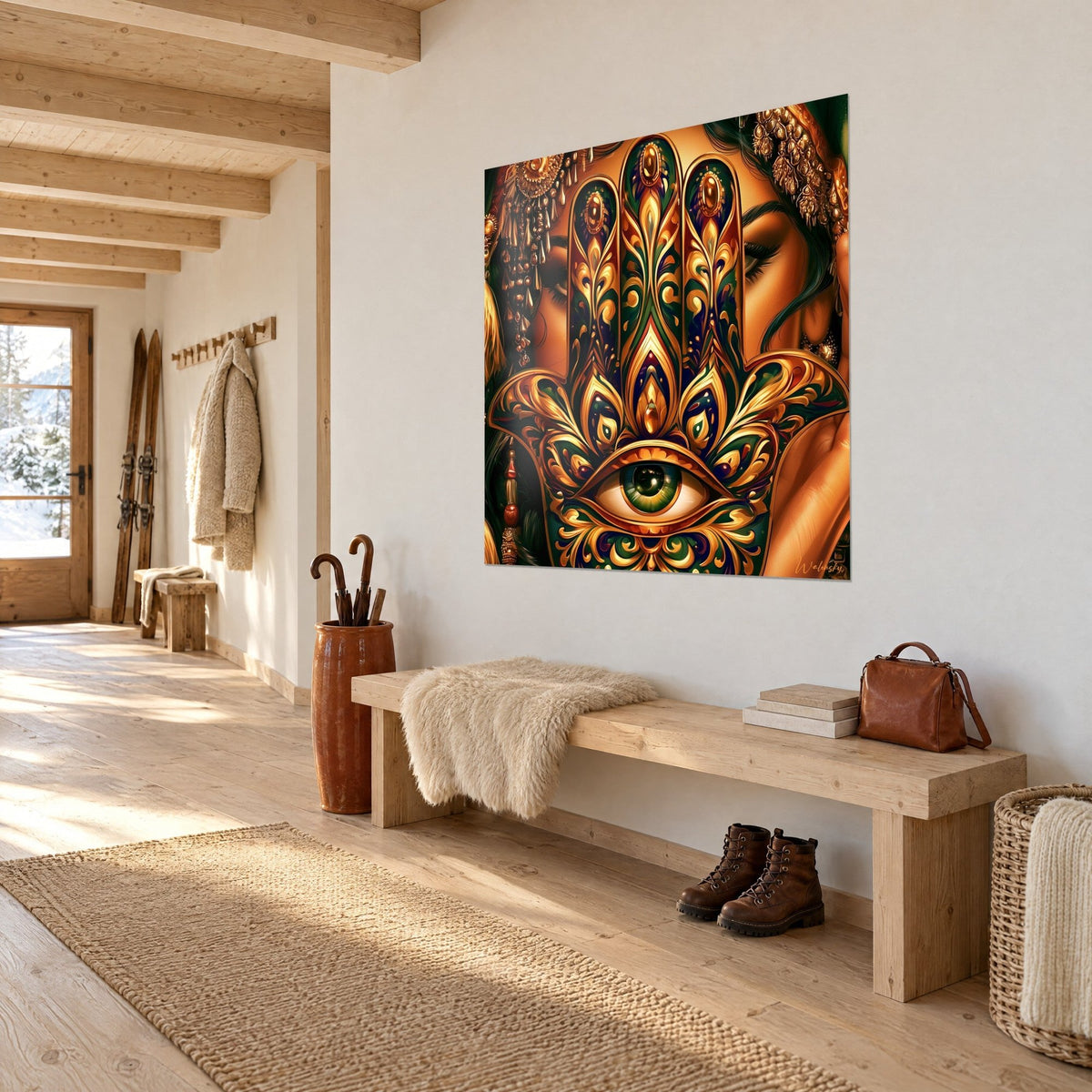 Tableau amulette main de Fatma en volutes cuivrées et émeraude, regard fardé en fond, vue en biais, dans un couloir de chalet
