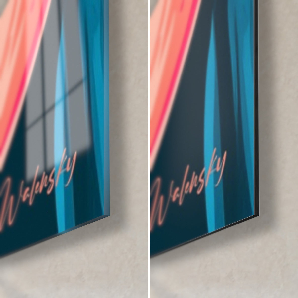 Wall art hypnotic gaze, midnight-blue lock of hair and bright pink color block, bottom right corner: glossy acrylic glass on the left, matte Dibond aluminum on the right