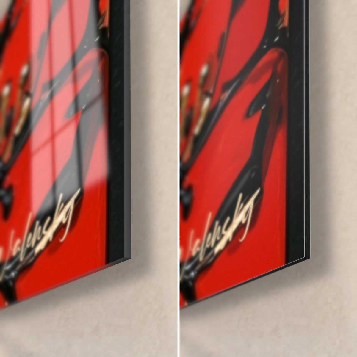 Tableau regard carmin voilé, coin bas droit : verre acrylique brillant à gauche, alu Dibond mat noir à droite, tranche de 3 mm