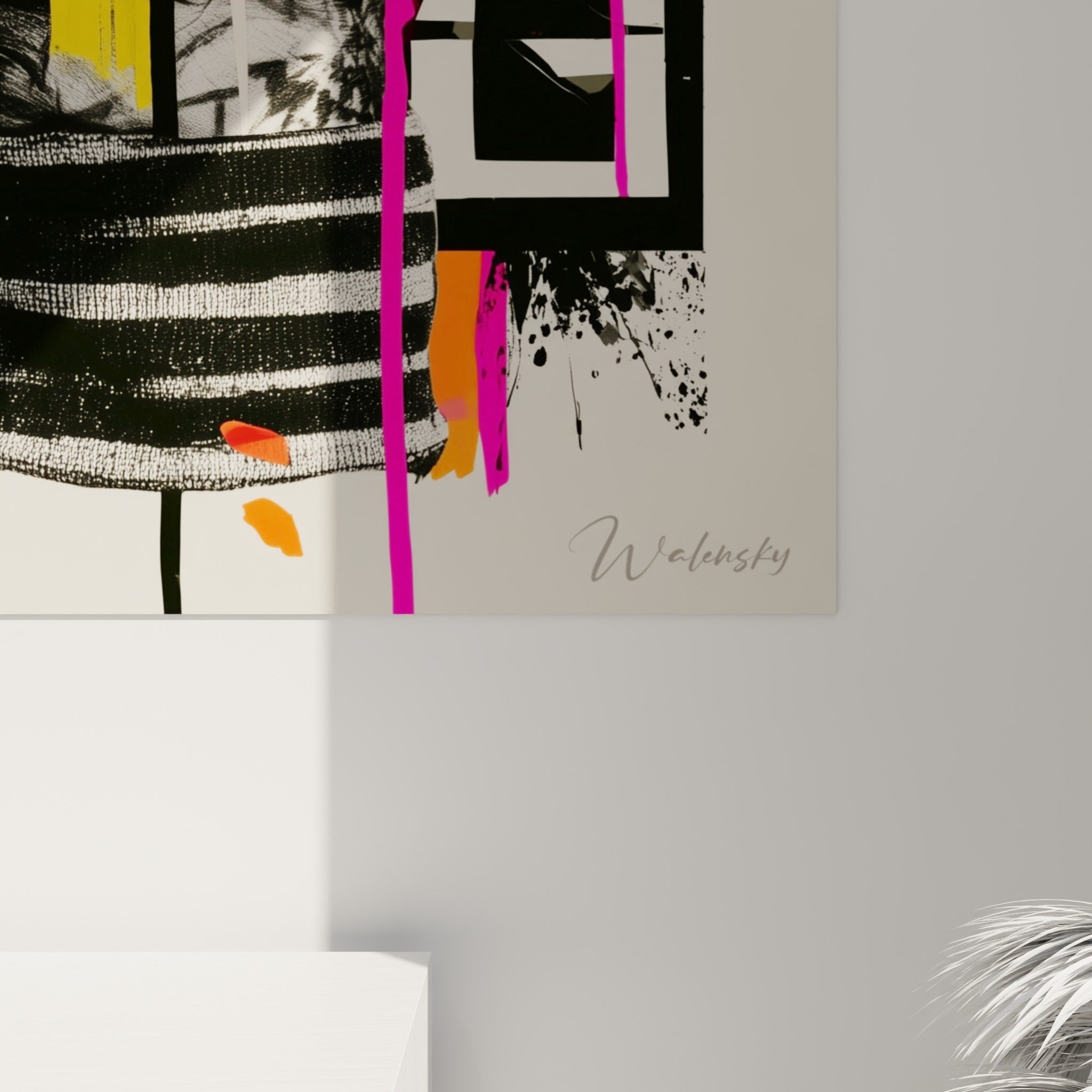 Détail des empâtements roses et jaunes sur la main noire et blanche, grain de l'impression visible en gros plan